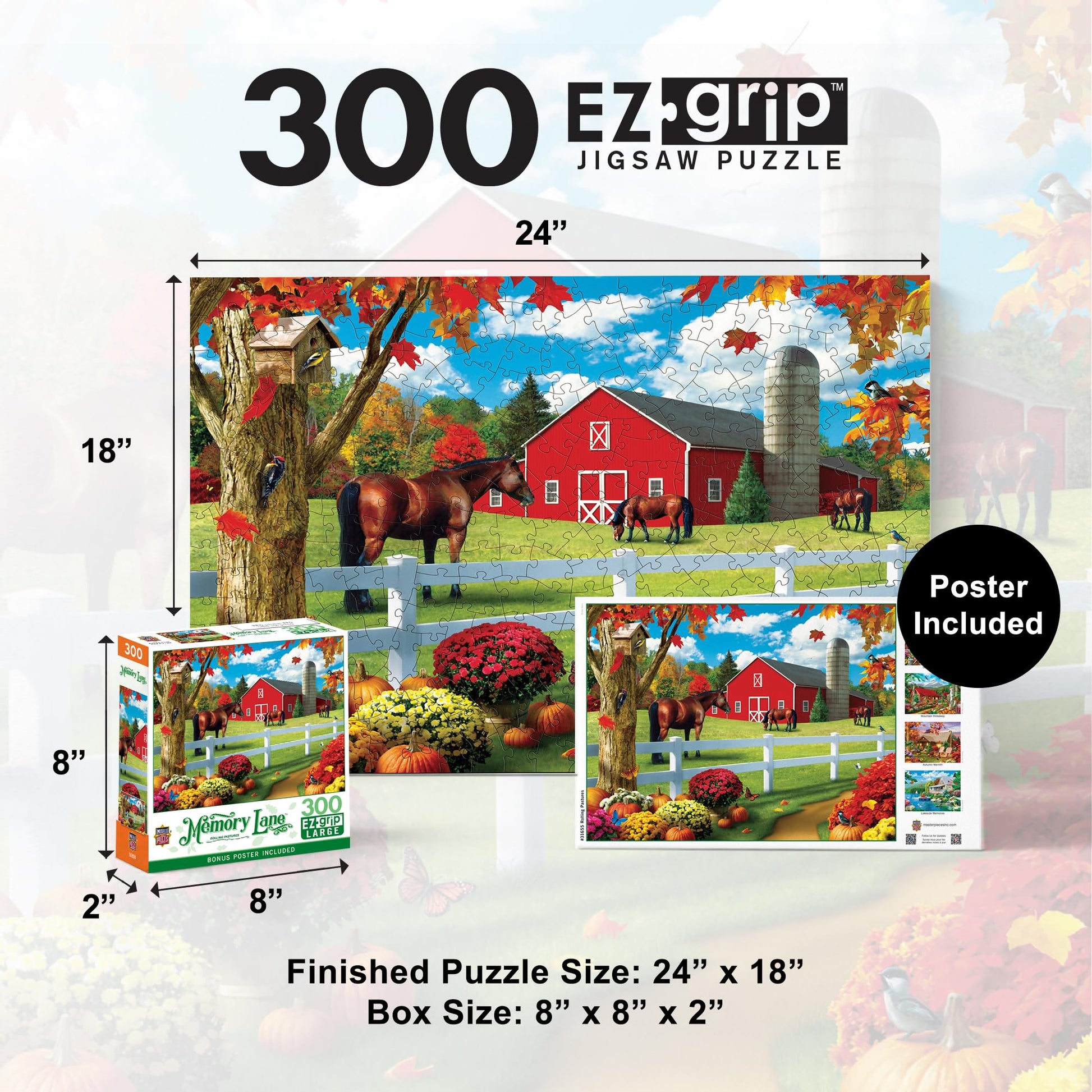 MasterPieces - 300 Piece Jigsaw Puzzle, Large EZ Grip Shapes, Rolling Pastures, Fun for Adults, Seniors, Family, Kids, Non-Glare Finish, 18"x24"