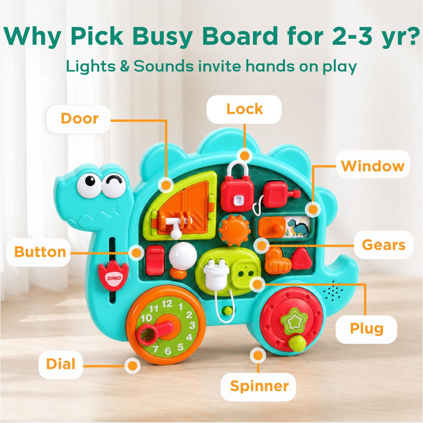 iPlay, iLearn Dinosaur Busy Board Montessori Toy for Toddlers Age 1-3, 2-4