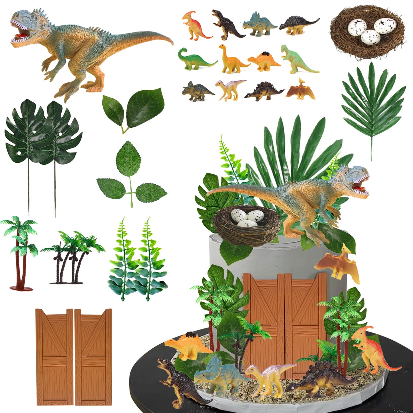 32 PCS Dinosaur Cake Toppers Dinosaur Birthday Cake Decorations with Dinosaur Eggs Leaves for Dinosaur Themed Birthday Party Cake Decorations (Style