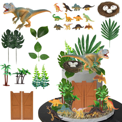 32 PCS Dinosaur Cake Toppers Dinosaur Birthday Cake Decorations with Dinosaur Eggs Leaves for Dinosaur Themed Birthday Party Cake Decorations (Style
