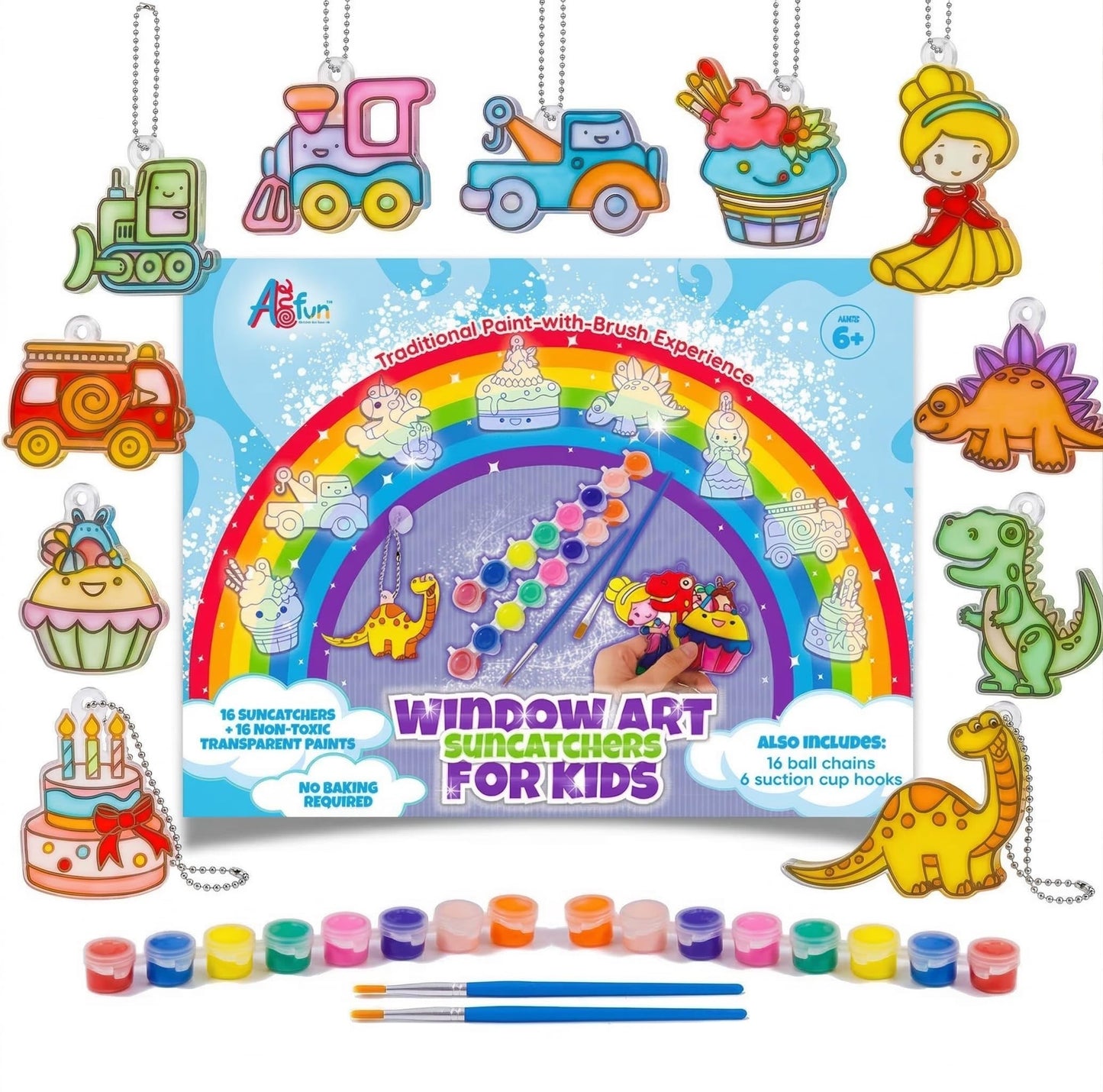 Window Art Kit for Kids - Stained Glass Kits for Kids Includes 16 Suncatchers 16 Ball Keychains 2 Suncatcher Paint Strips 2 Paint Brushes Window Art