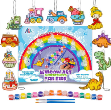 Window Art Kit for Kids - Stained Glass Kits for Kids Includes 16 Suncatchers 16 Ball Keychains 2 Suncatcher Paint Strips 2 Paint Brushes Window Art