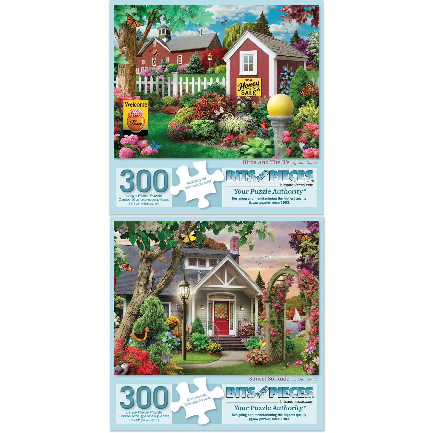 Bits and Pieces - Value Set of (2) 300 Piece Jigsaw Puzzles for Adults - Each Puzzle Measures 18" x 24" - 300 pc Colorful Bees Sunset Farmhouse