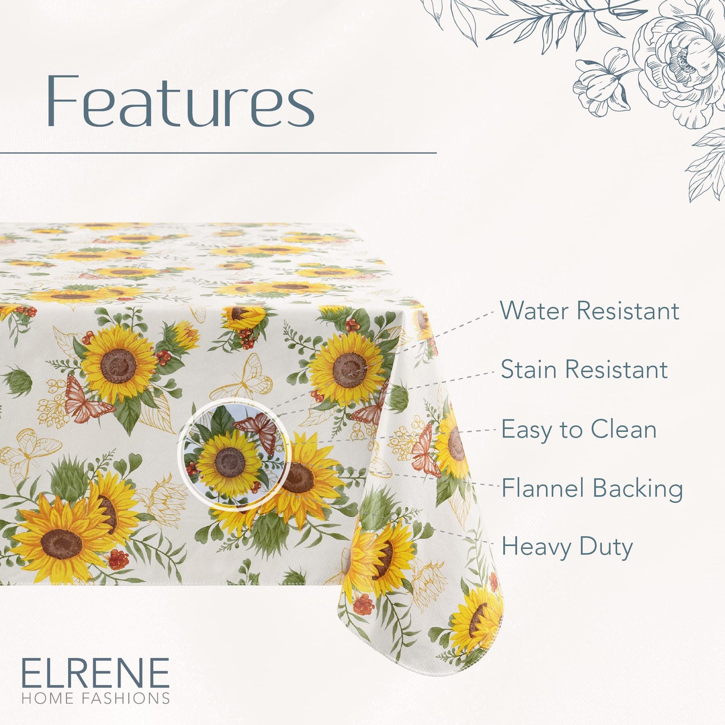 Elrene Home Fashions Sunflower Season Vintage Floral Water- and Stain-Resistant Vinyl Tablecloth with Flannel Backing, 60 Inches X 84 Inches