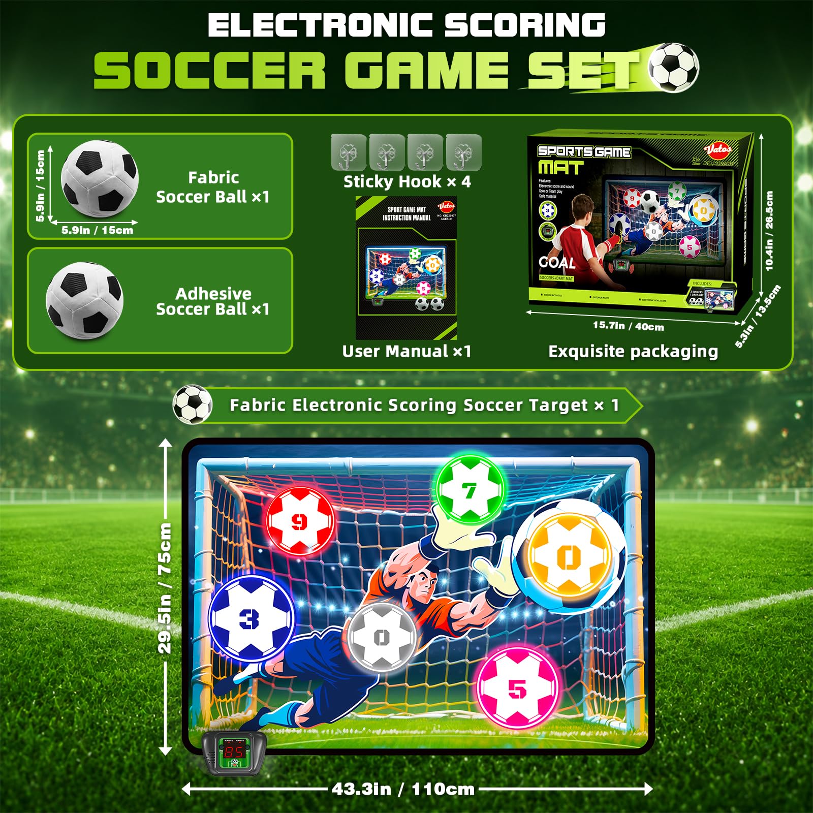 VATOS Electronic Scoring Soccer Toy Game Set for Kids, Indoor Outdoor Soccer Training Target with Real-Time Scoring & Sound, 2 Play Modes, Soft Fabric