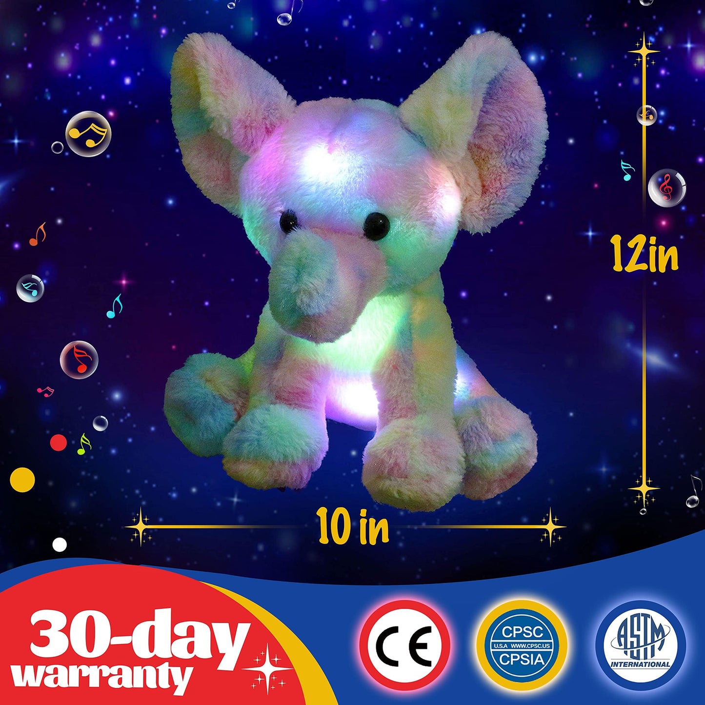 Glow Guards 12'' Musical Light up Rainbow Elephant Stuffed Animal,LED Singing Soft Wildlife Animal Plush Toy with Night Lights&Lullaby,Birthday