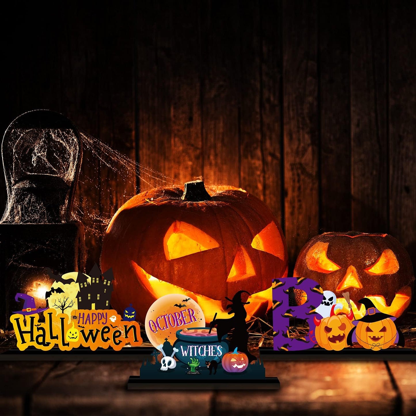 4 Pieces Halloween Party Decorations Wooden Treat or Trick Party Supplies Halloween Centerpieces Boo Table Decorations for Home Holiday