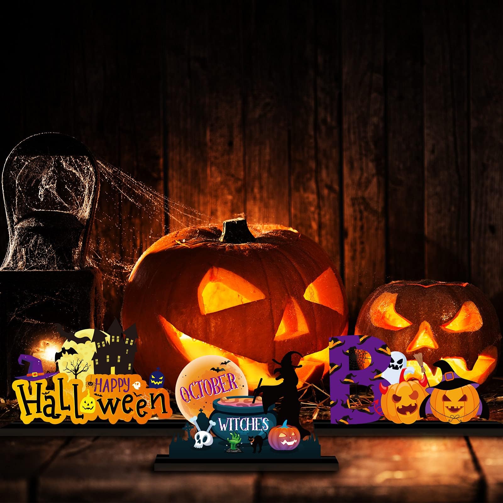4 Pieces Halloween Party Decorations Wooden Treat or Trick Party Supplies Halloween Centerpieces Boo Table Decorations for Home Holiday