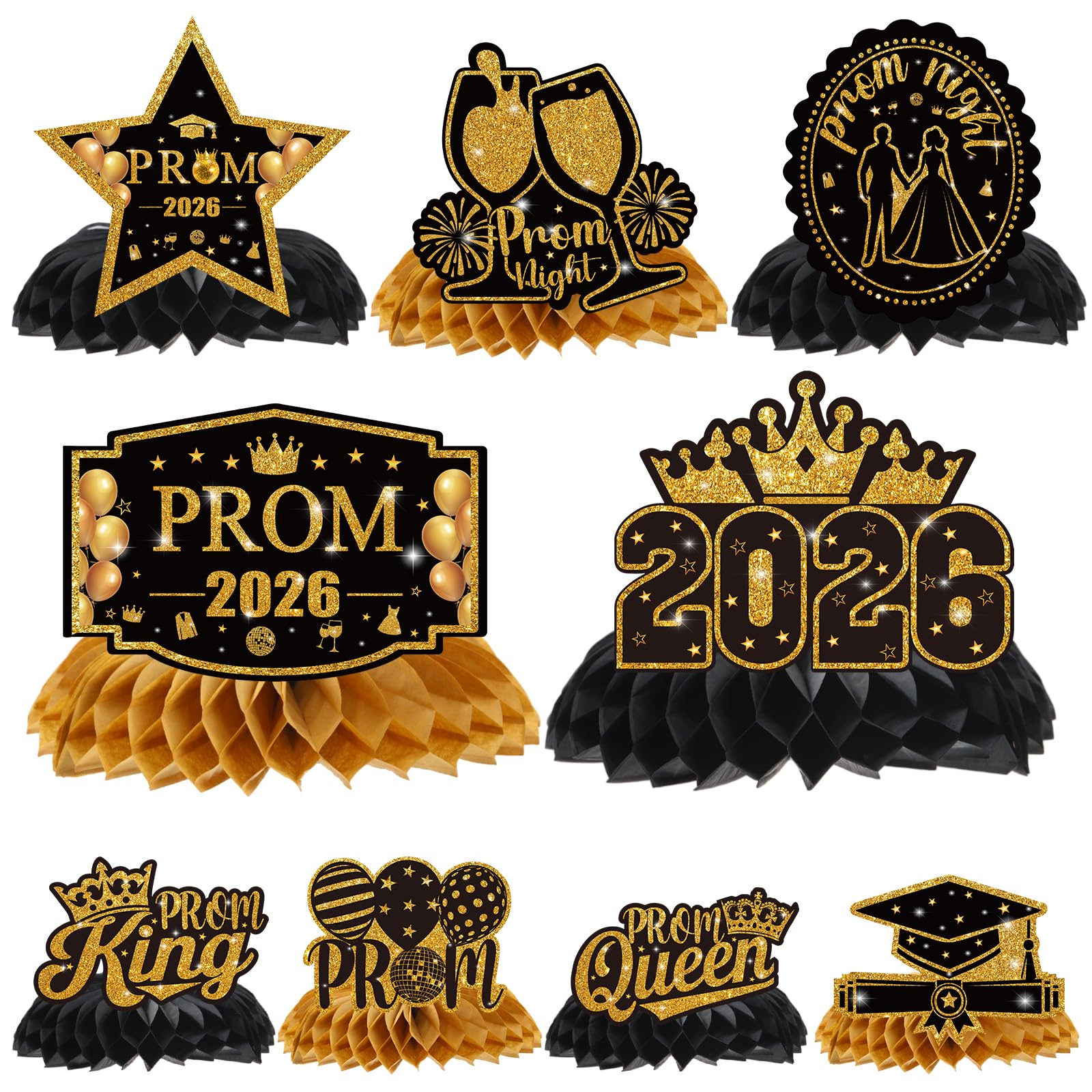 Vemfare Prom Graduation Centerpieces for Tables - 9 Pcs 2026 Graduation Honeycomb Centerpieces Decor, Black Golden High School College Graduate Party