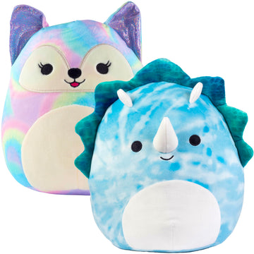 Squishmallows 8" Fox & 10" Dinosaur 2-Squish Rainbow Tie Dye Value Pack - Get Two Official Jazwares Plush for Less - Collectible Soft & Squishy