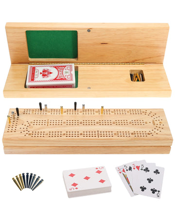 WE Games Wooden Cribbage Board Game Set, Continuous 3 Track for 2-3 Players, Travel Cribbage Board with Card Storage, Includes 9 Metal Pegs & Deck