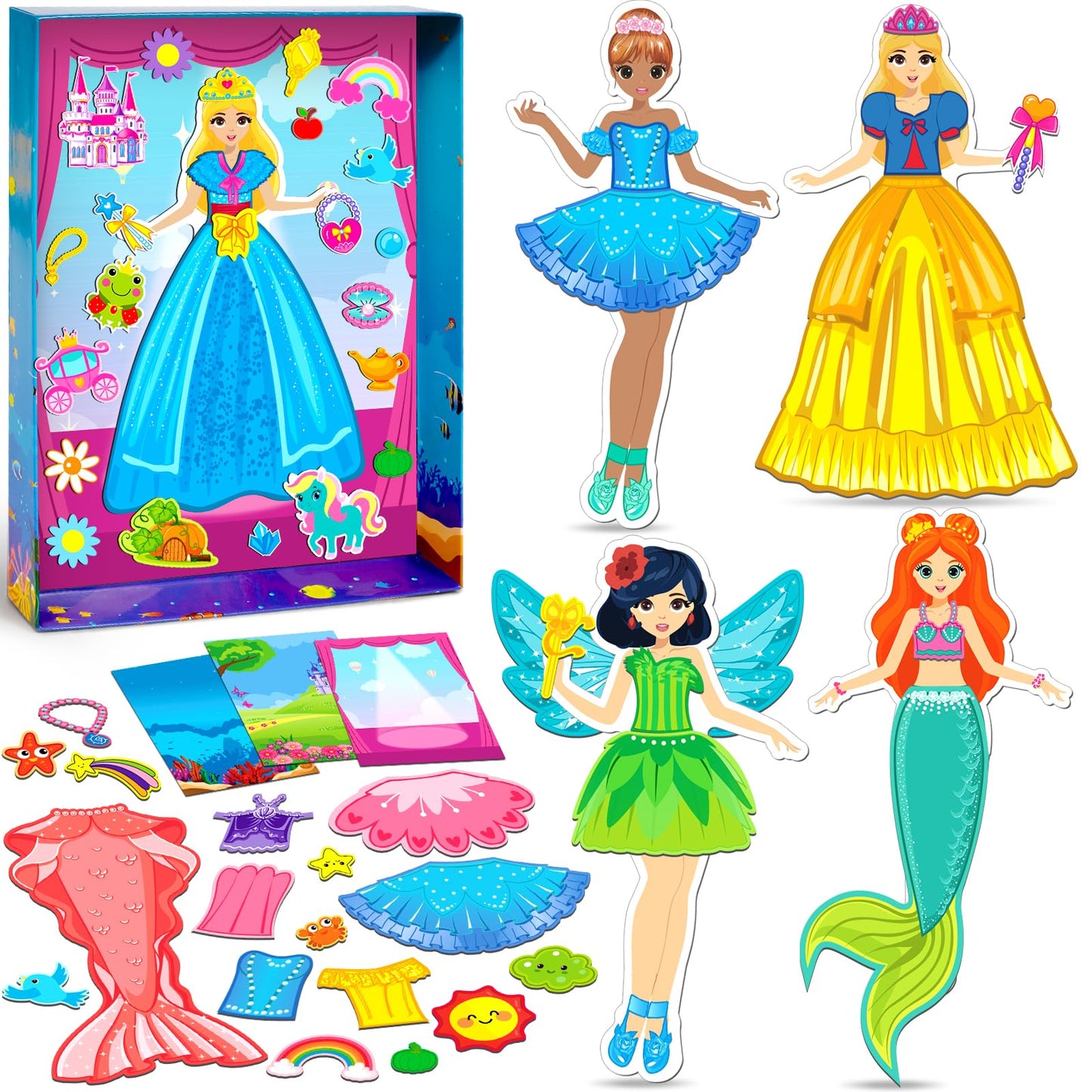 Magnetic Dress Up Dolls Girls Toys Princess Mermaid Fairy Ballerina Fridge Magnets Puzzles Toddlers 3-5 Pretend Play Car Road Trip Airplane Travel