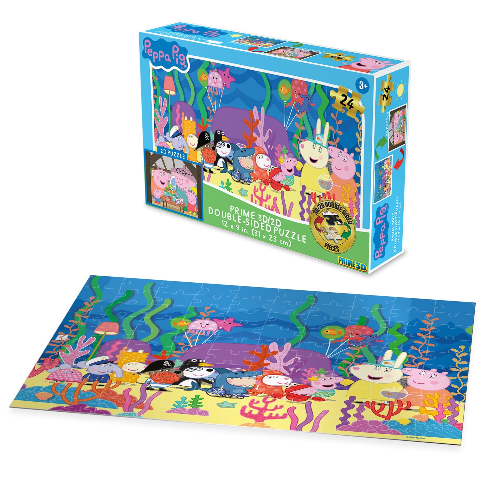 Prime 3D | Hasbro | Peppa Pig | 24 Piece 3D/2D Double-Sided Jigsaw Puzzle for Kids | Finished Size 12" x 9" | Challenging & Fun for Kids & Families |