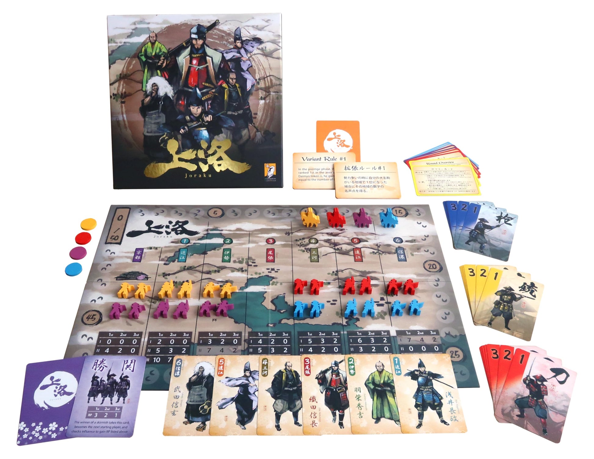 Moaideas Game Design Joraku Deluxe Strategy Board Game, 40 Wooden Samurai Meeples, Area Control and Trick-Taking Mechanics, for Strategy Game