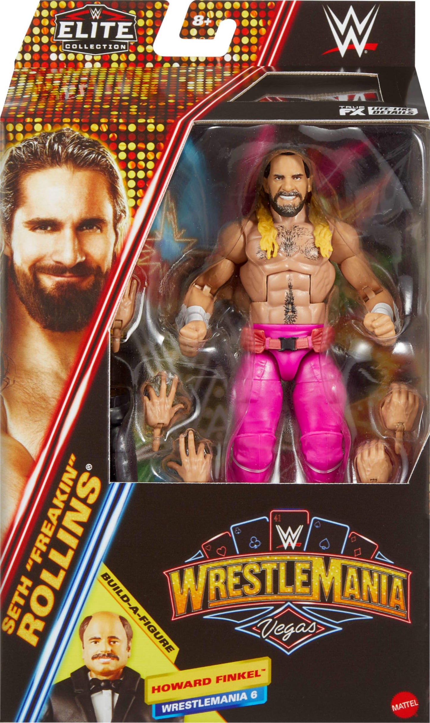 Mattel WWE Elite Collection Action Figure & Accessories, Premium Live Event Seth “Freakin” Rollins Set, Wrestlemania with Howard Finkel Build-A-Figure