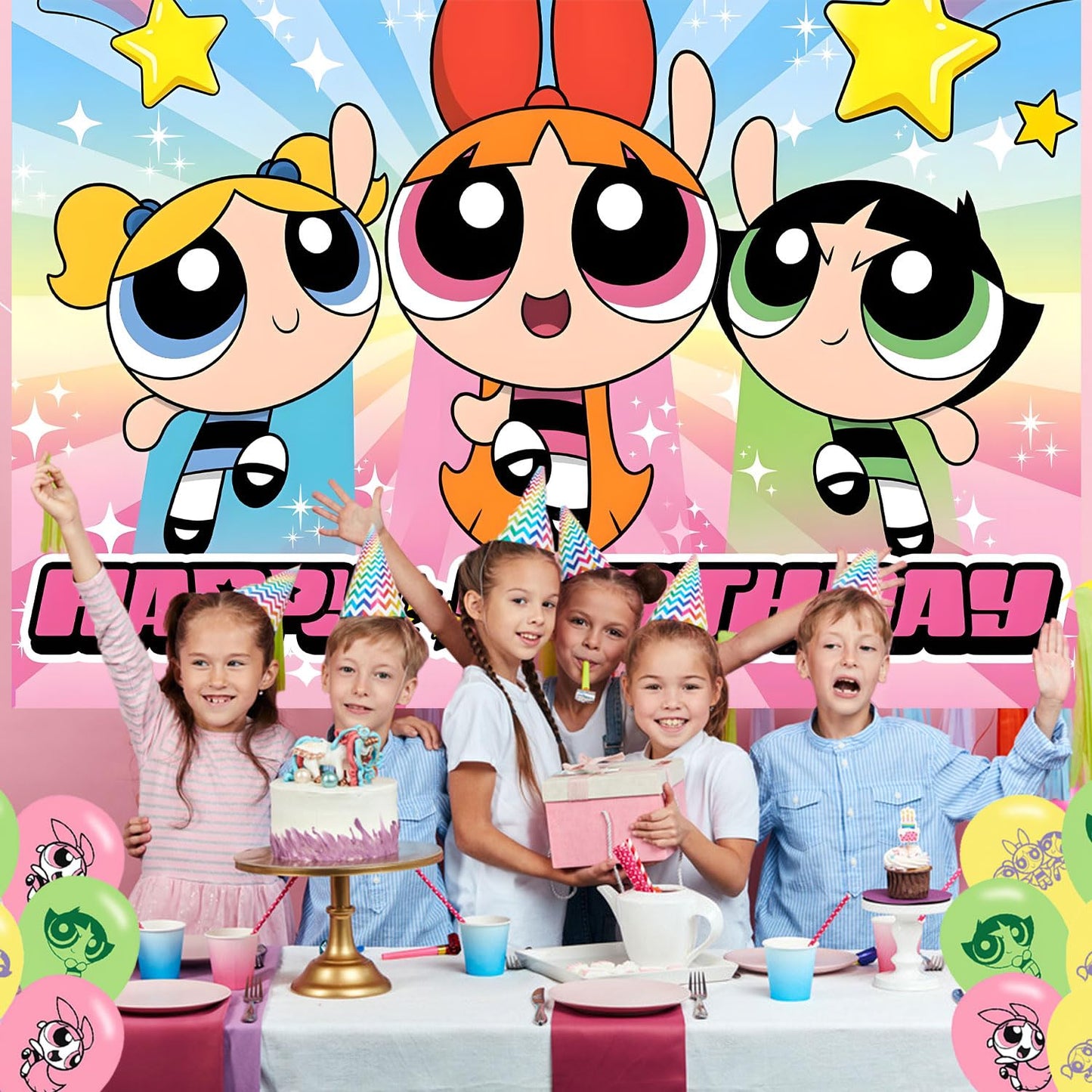 Power Girls Birthday Party Decoration,Power Girls Party Photo Background 5 x 3 FT and 18 Pcs Balloon,Merch Party Backdrop Supplies