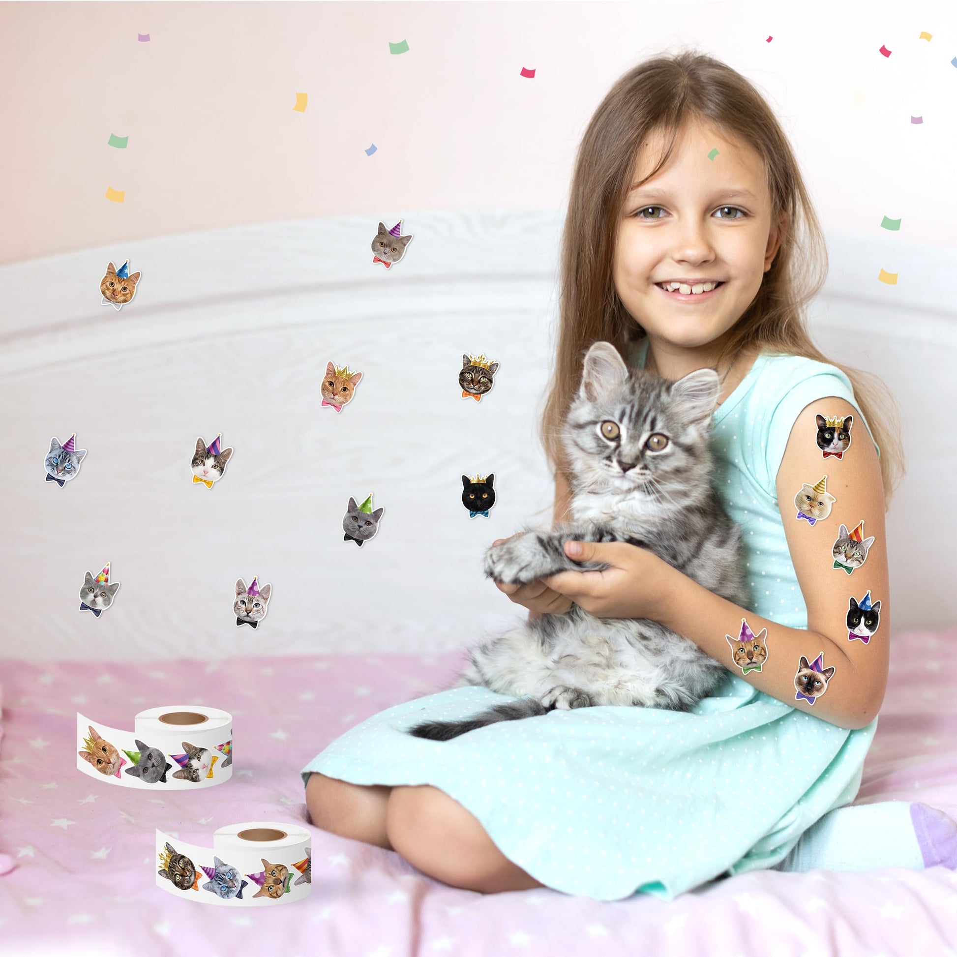 DSjuedui Birthday Cat Sticker Rolls - 1000Pcs Happy Birthday Cute Cat Vinyl Stickers for Kids Adults, Funny Realistic Kitty Waterproof Decals