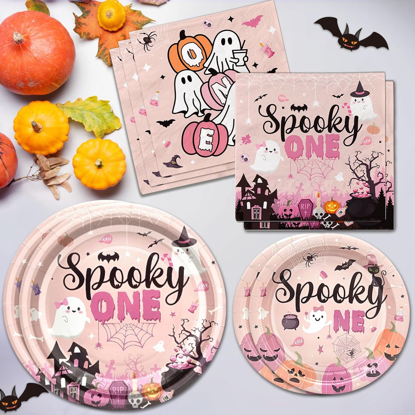 Yavxzvbw 144Pcs Spooky One Birthday Decorations Girl Pink Halloween Plates and Napkins Halloween 1st Birthday Party Decorations for Halloween Birthday