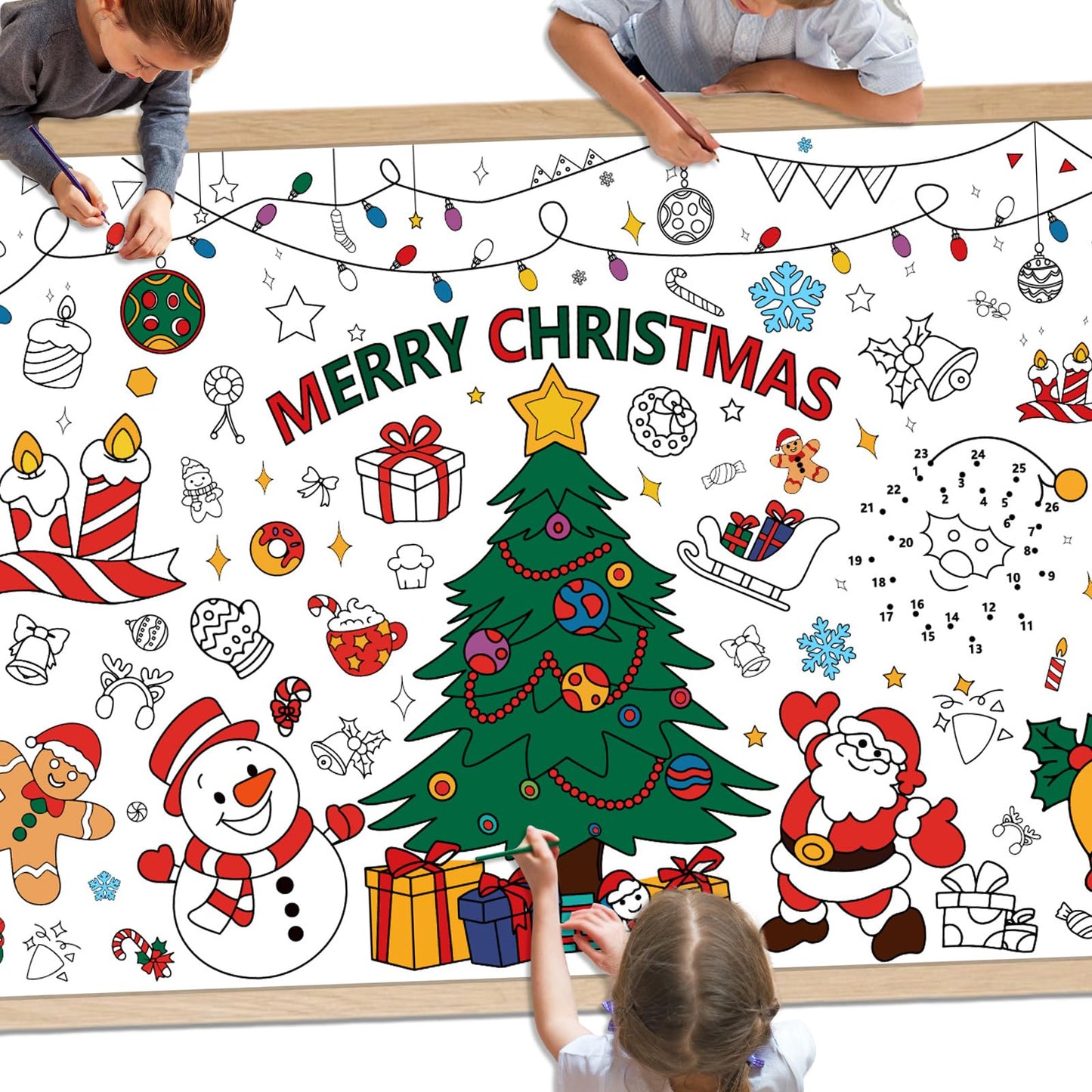 Giant Merry Christmas Coloring Poster - Large Christmas Tree Coloring Tablecloth, DIY Xmas Table Cloth Jumbo Banner Paper Craft for Gifts Activities