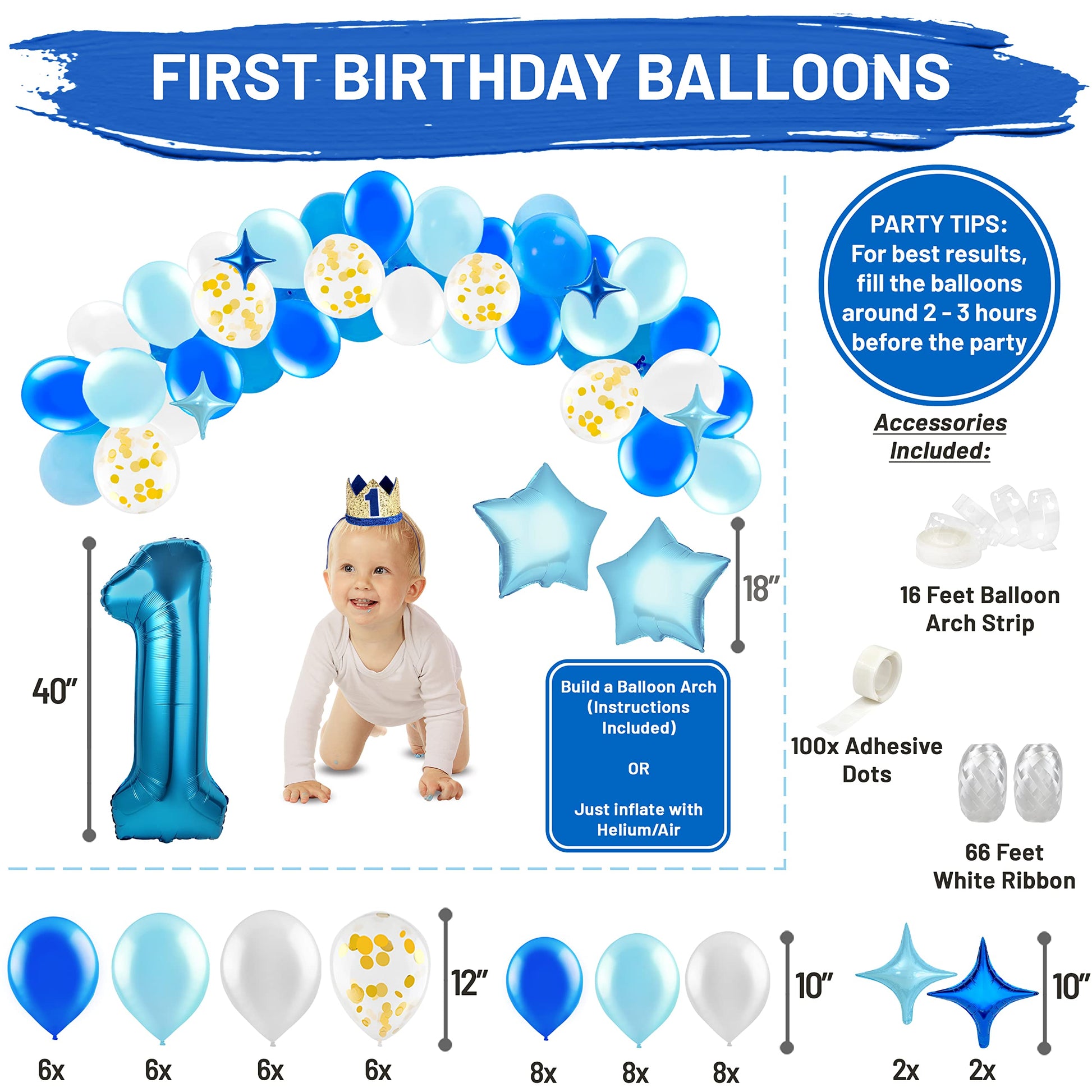 Baby Boy 1st Birthday Decorations With Birthday Crown - First Birthday Boy Decorations - Cake Smash Party Supplies - Happy Birthday and HighChair One