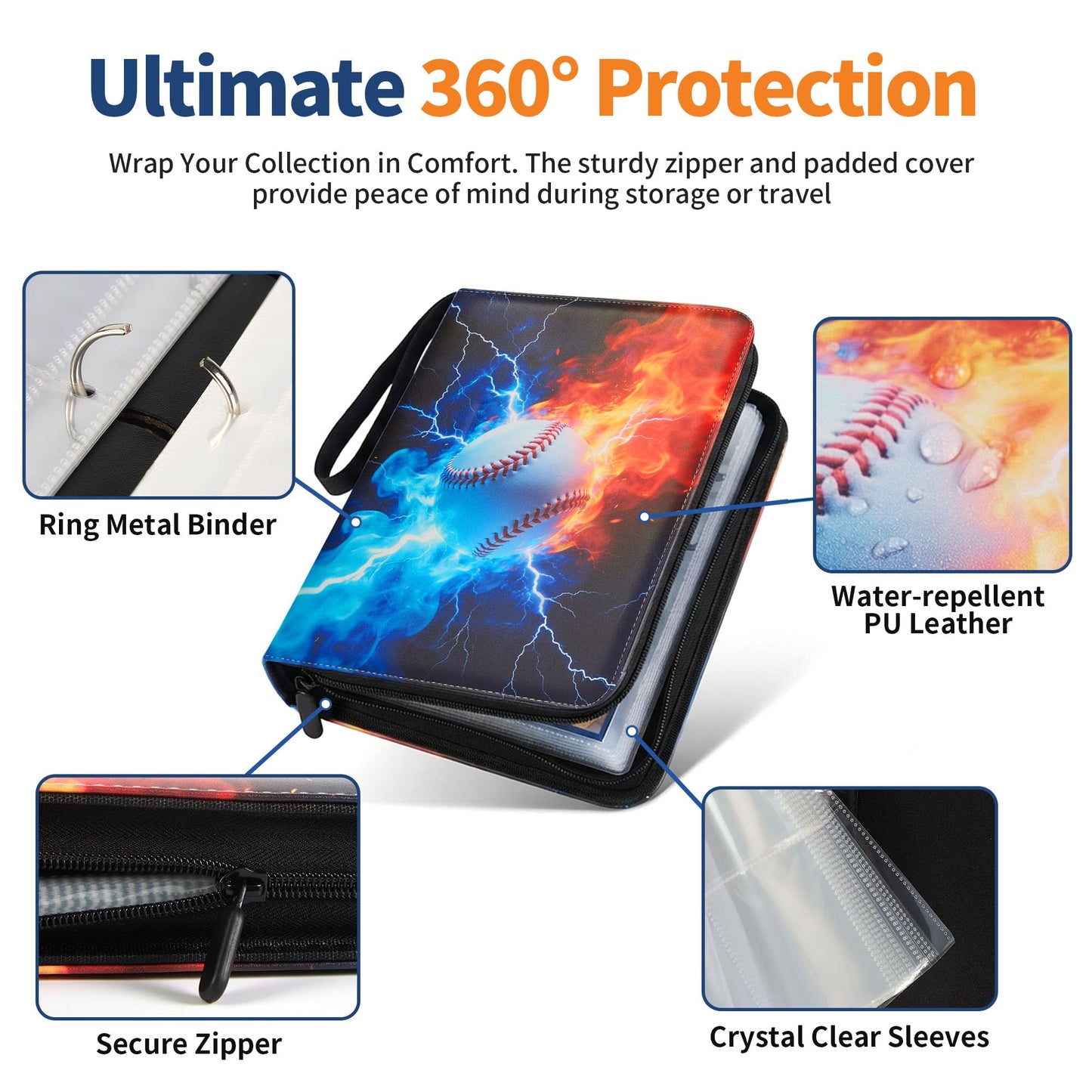 FLAIR GIFTS Baseball 4-Pocket Trading Card Binder with Zipper, Fits 400 Cards; PU Leather Collector Album for Pokemon, Sports Cards, TCG & Kpop