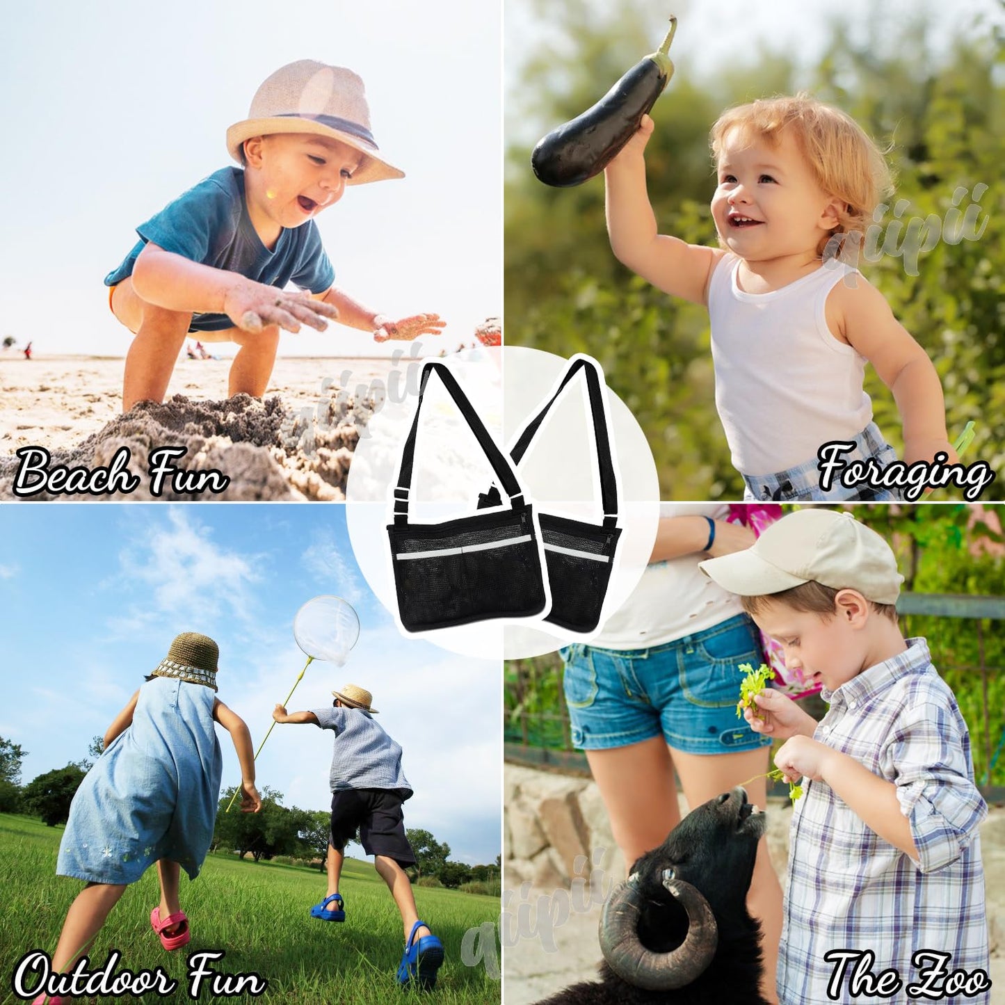 qiipii 2 Pack Beach Mesh Bag for Kids Shell Collecting Bag Beach Sand Toy Bags with 2 Outer Pocket for Hunting Shells, Swimming Accessories