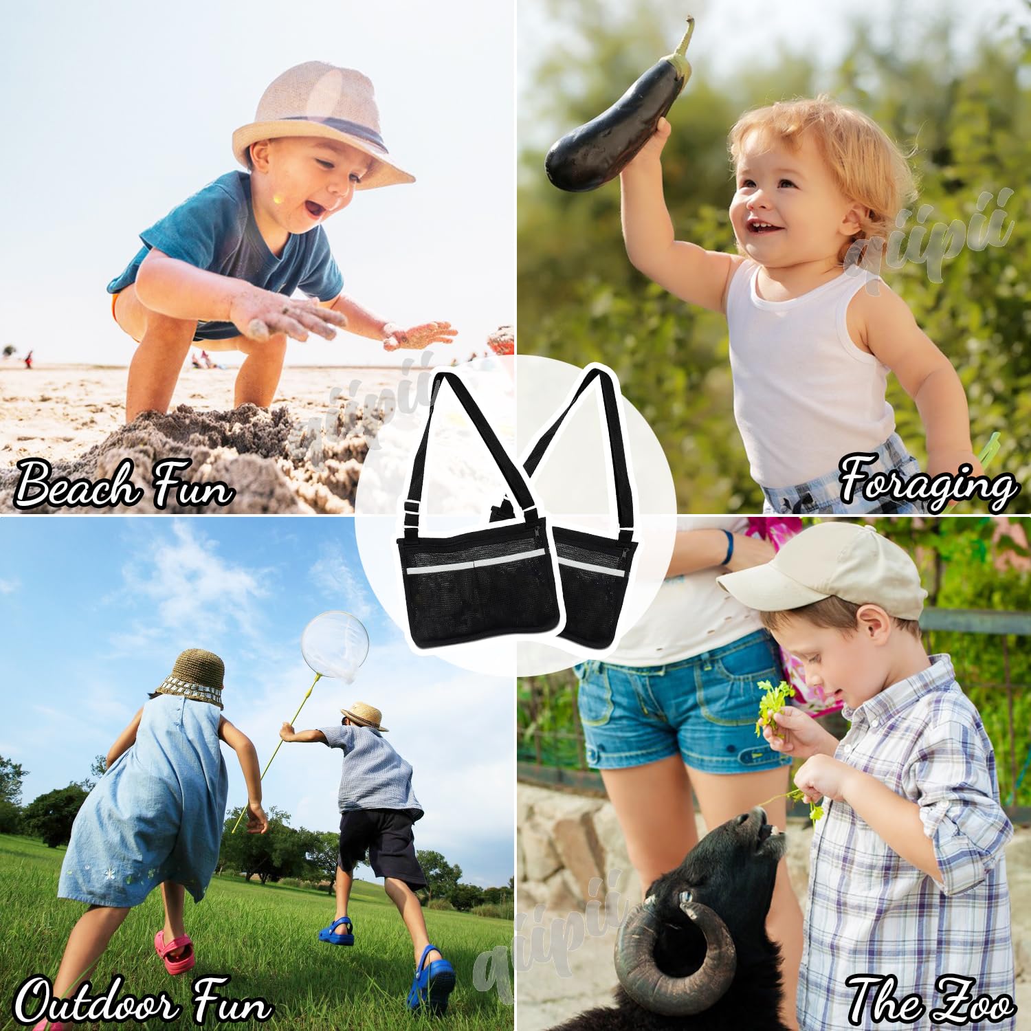 qiipii 2 Pack Beach Mesh Bag for Kids Shell Collecting Bag Beach Sand Toy Bags with 2 Outer Pocket for Hunting Shells, Swimming Accessories
