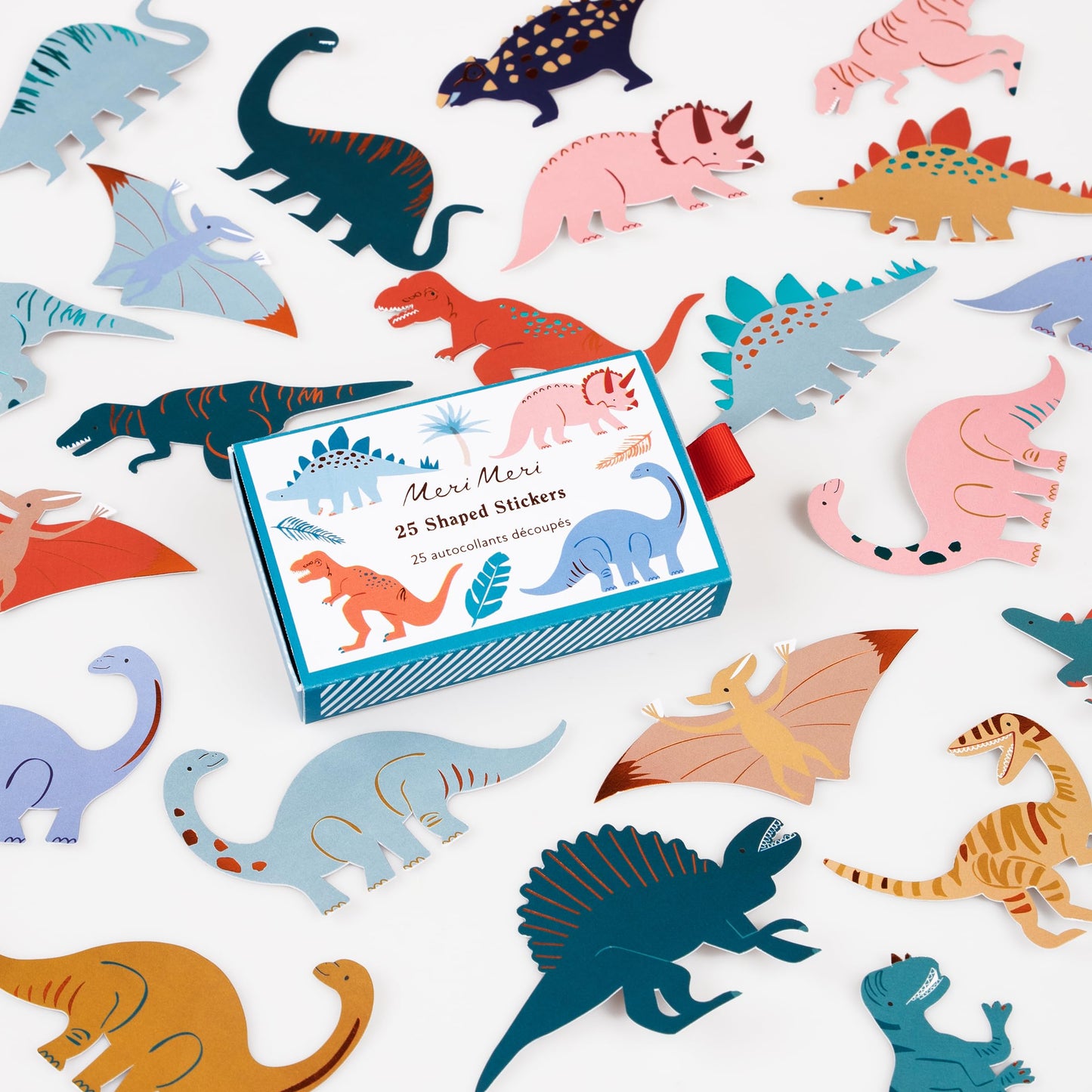 Meri Meri Dinosaur Stickers (Pack of 25), Dinosaur Birthday Party Favors, Decorative Stickers, Matchbox-Style Box, Easy Peel Back.