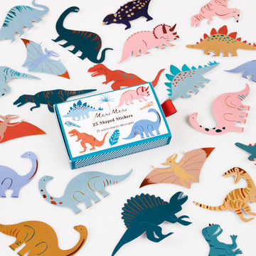 Meri Meri Dinosaur Stickers (Pack of 25), Dinosaur Birthday Party Favors, Decorative Stickers, Matchbox-Style Box, Easy Peel Back.