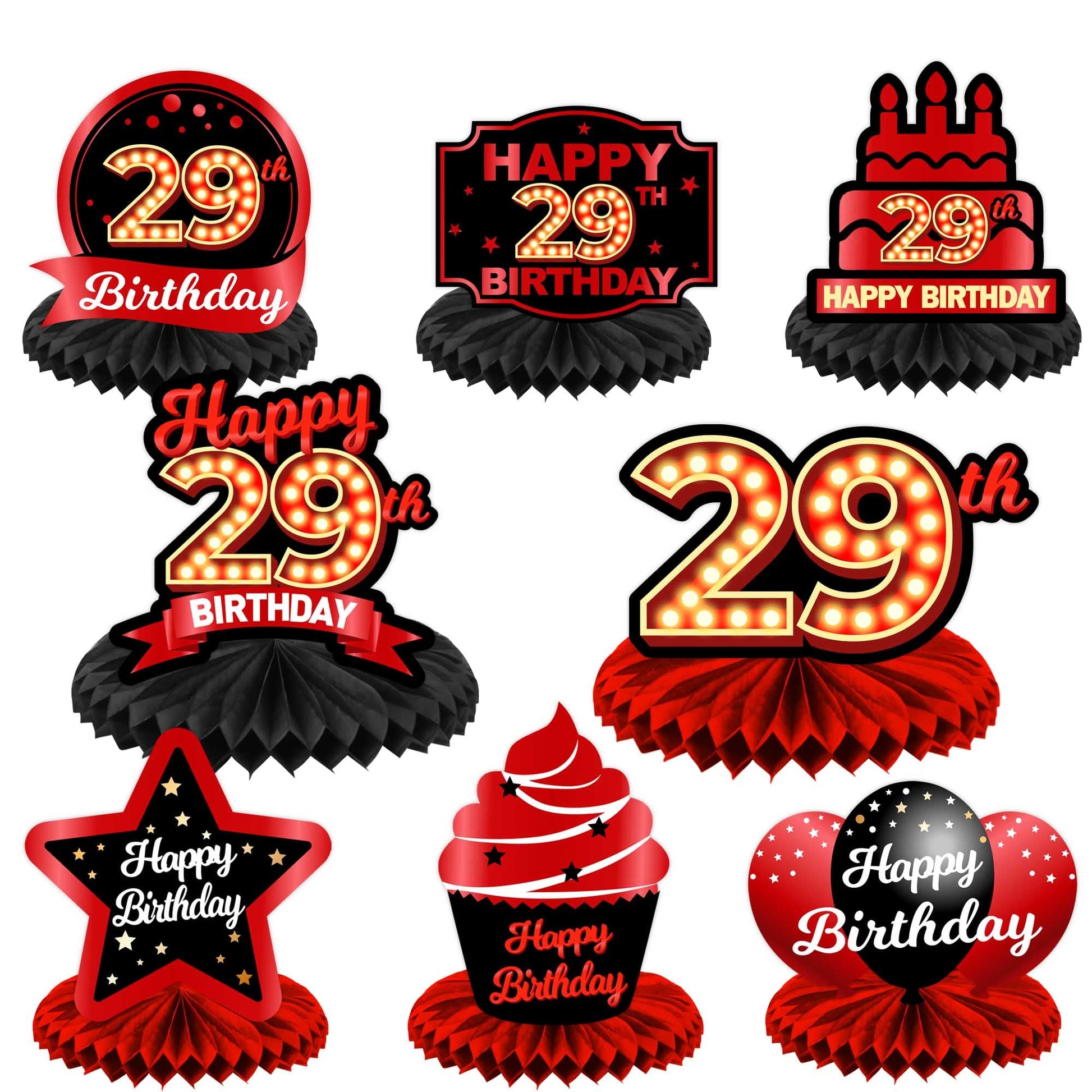 Happy 29th Birthday Red and Black Table Honeycomb Centerpieces Balloons Theme Decor Table Decorations Table Toppers for Girls Women Princess 29 Years