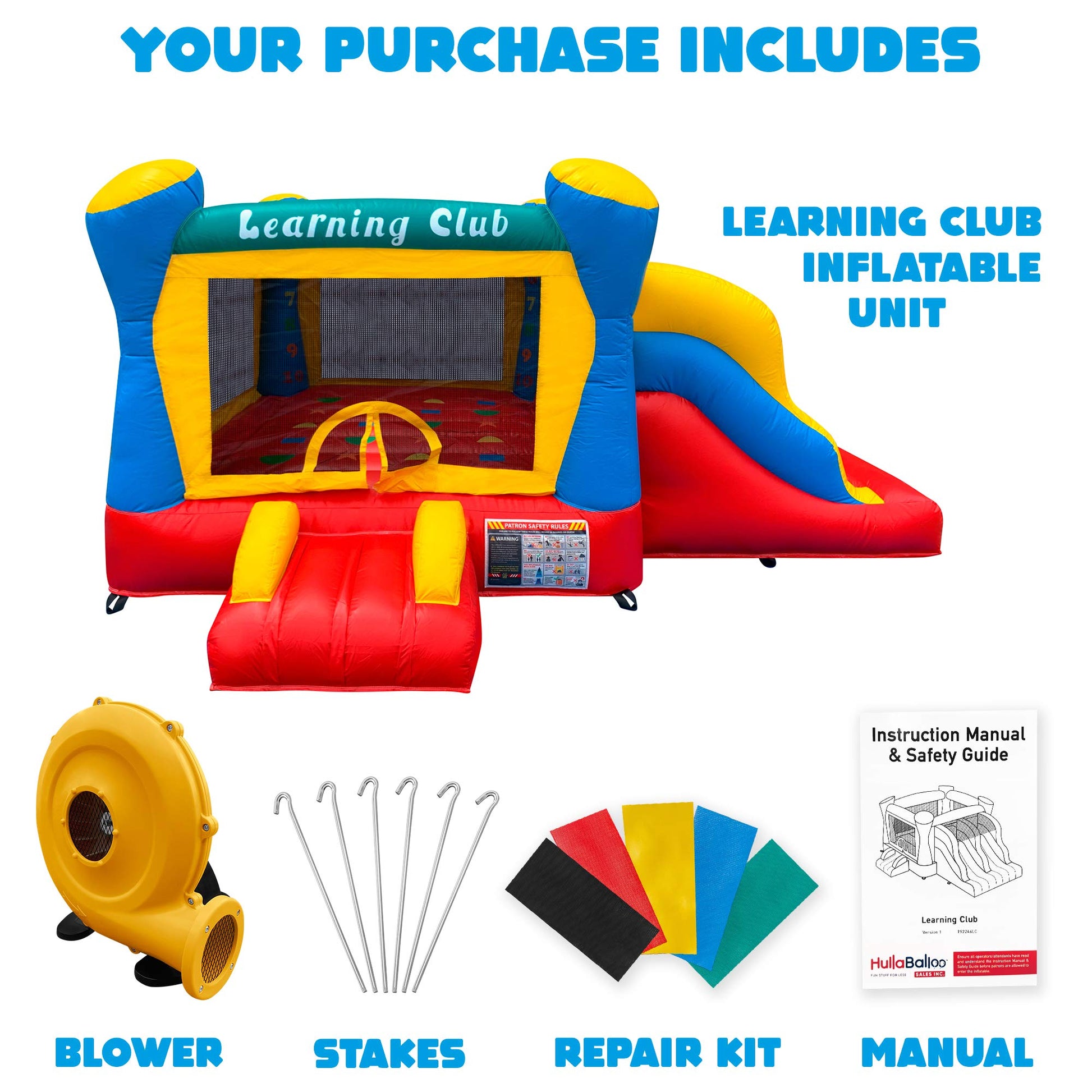 Hullaballoo Learning Club Commercial Inflatable Bounce and Slide Combo, Educational Kids Jump 'n Slide Bounce House with Blower Included and 2 Sliding