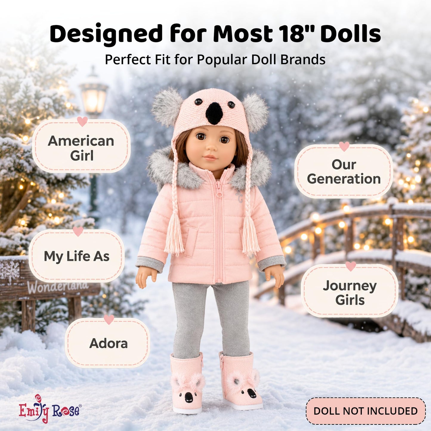 18 Inch Doll Winter Clothes Set - 4PC Koala Snow Jacket Coat Outfit with Matching Hat & Boots Compatible with American Girl, Our Generation, My Life
