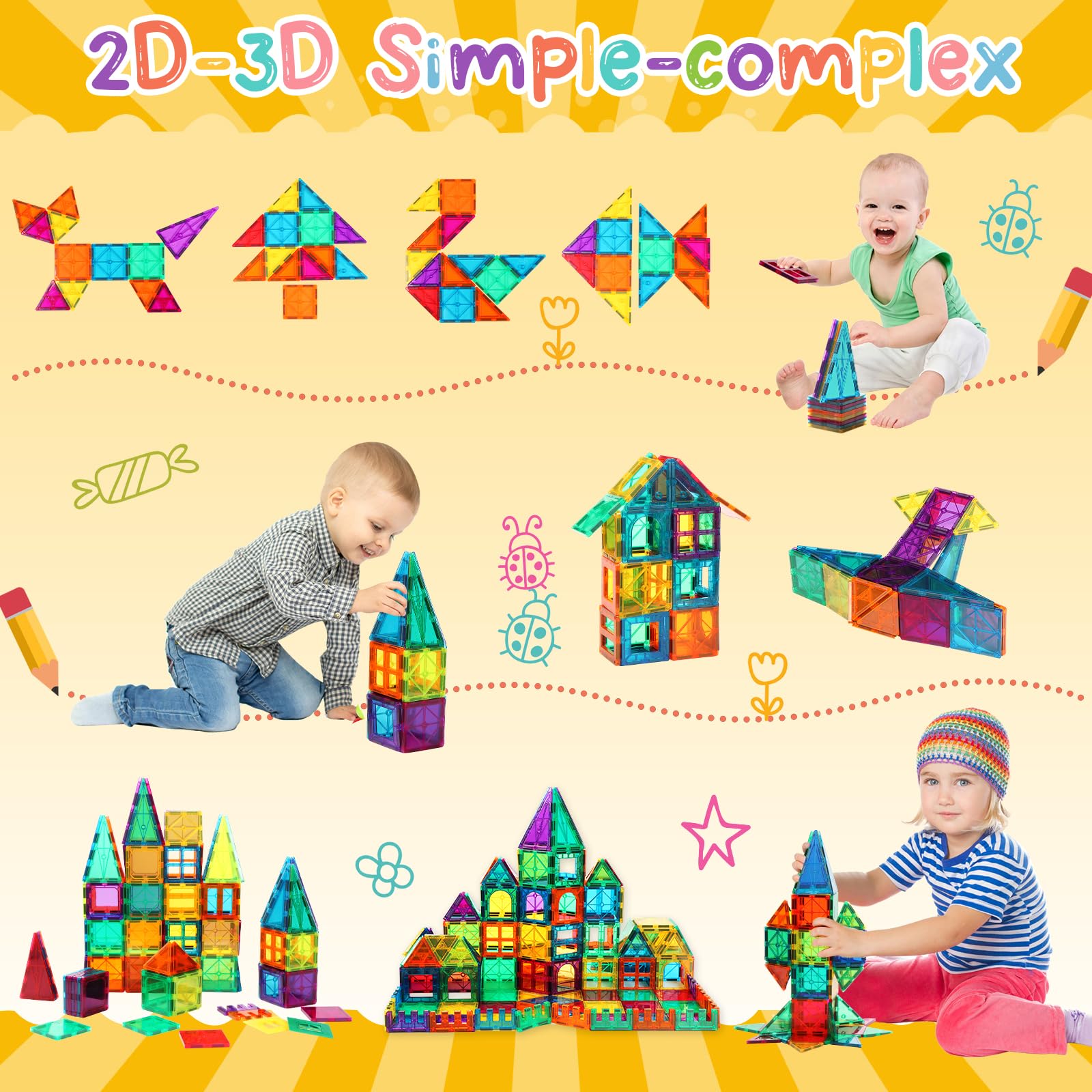 FNJO Magnetic Tiles, 100PCS Building Blocks, STEM Magnets Building Toy Set, Preschool Kindergarten Construction Stacking Toy, School Teacher Supplies