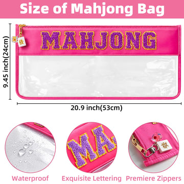 FUYAHA Clear American Mahjong Tile Bag with Keychain, Waterproof Portable Mahjong Storage Bag with Zipper & Glitter Letters, Mahjong Organizer Travel