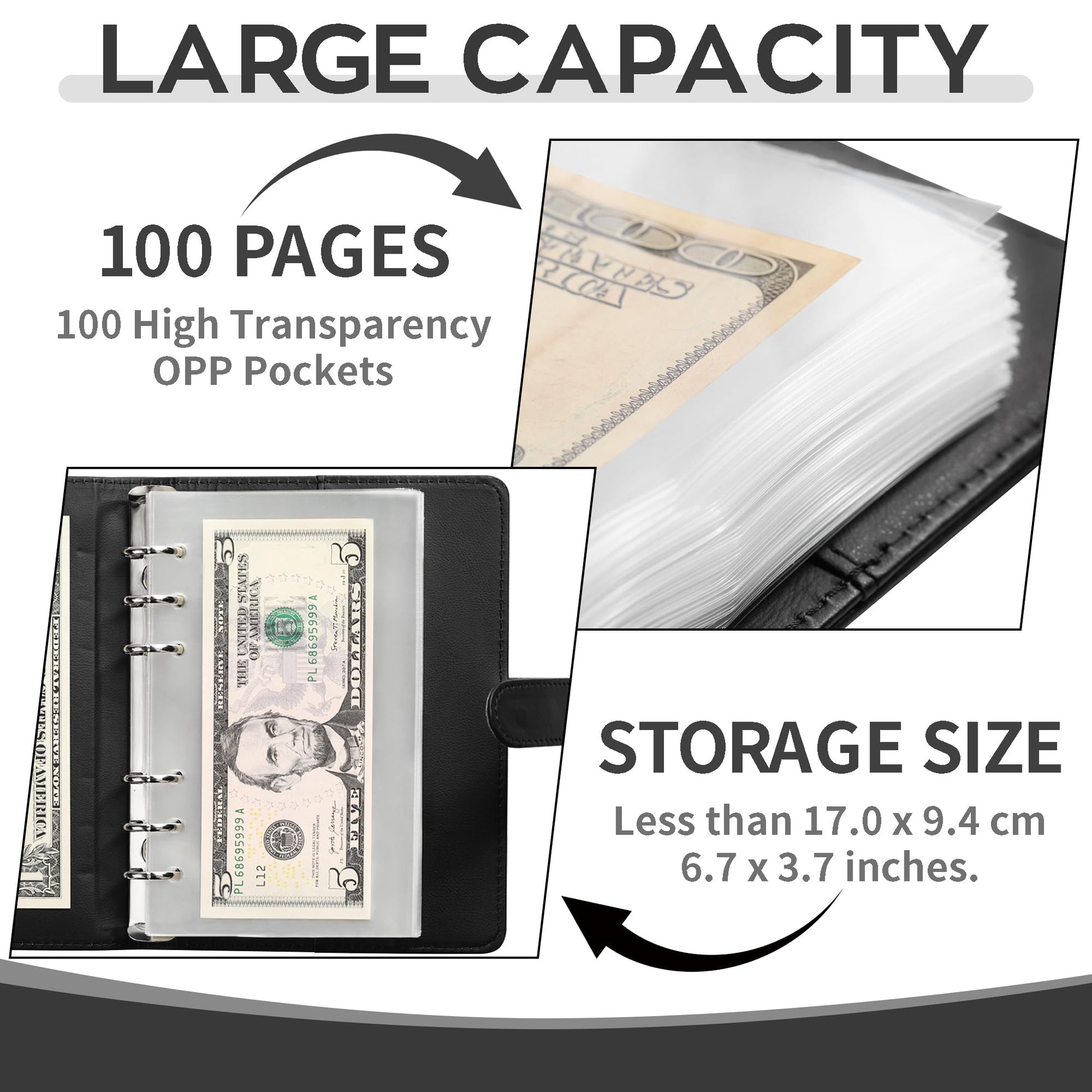 100 Pocket Currency Album - 7 × 4 inch Portable Banknotes Holder with Artificial Leather Cover Money Sleeves Storage Book for Bills Documents Tickets