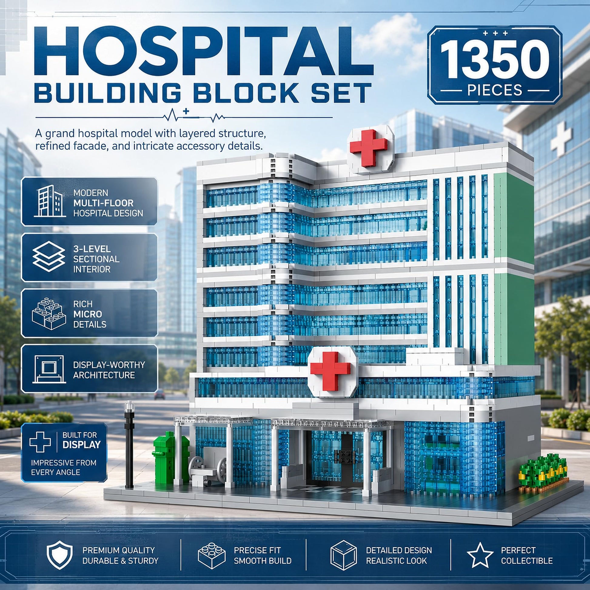 LQPFBSM Hospital Architecture Model Micro Mini Building Block Set 1350 Pieces Modern City Medical Center Building Set Detailed Open-Back Clinic