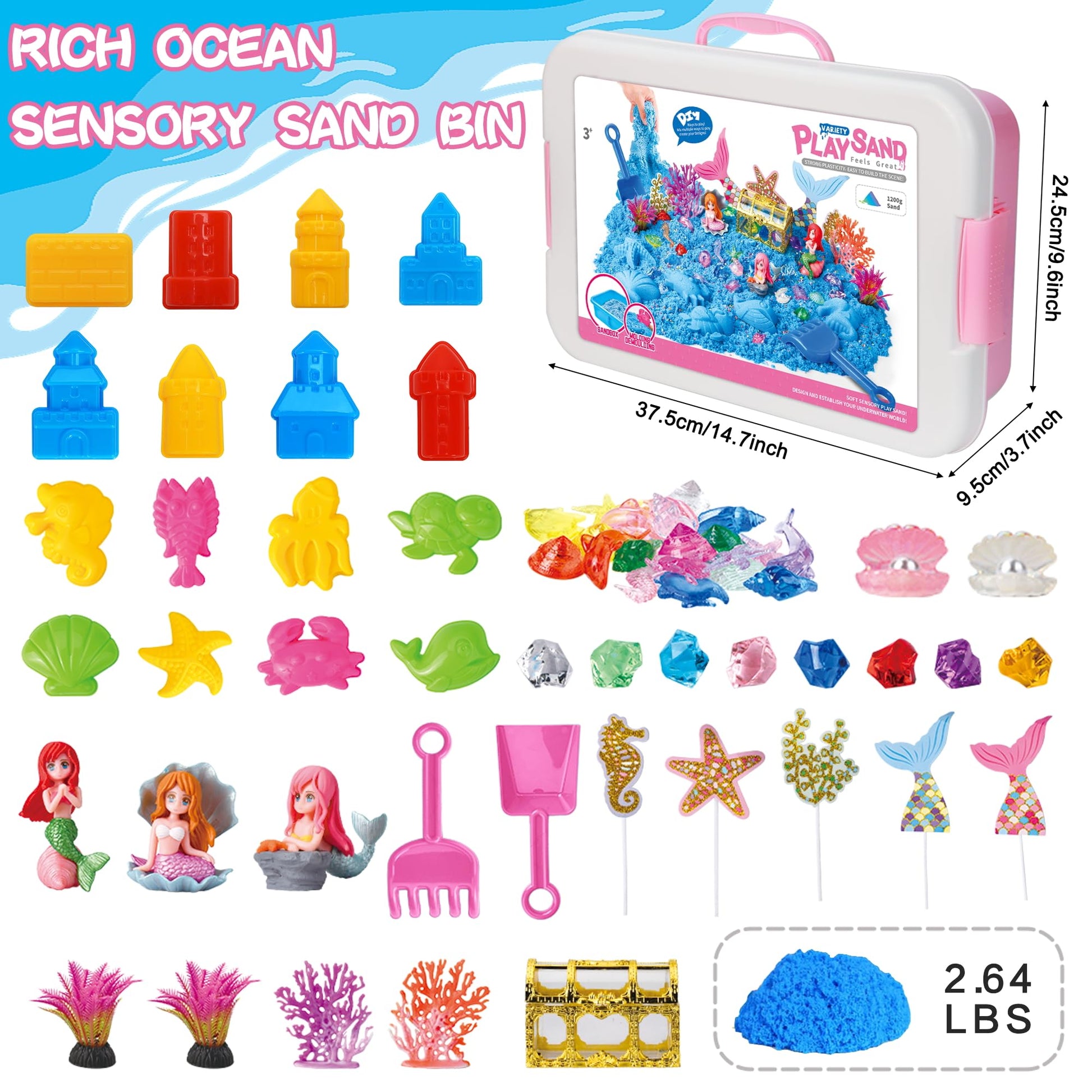 Pakimio Mermaid Sensory Sand Kit for Kids, Complete Sensory Bin with Lid