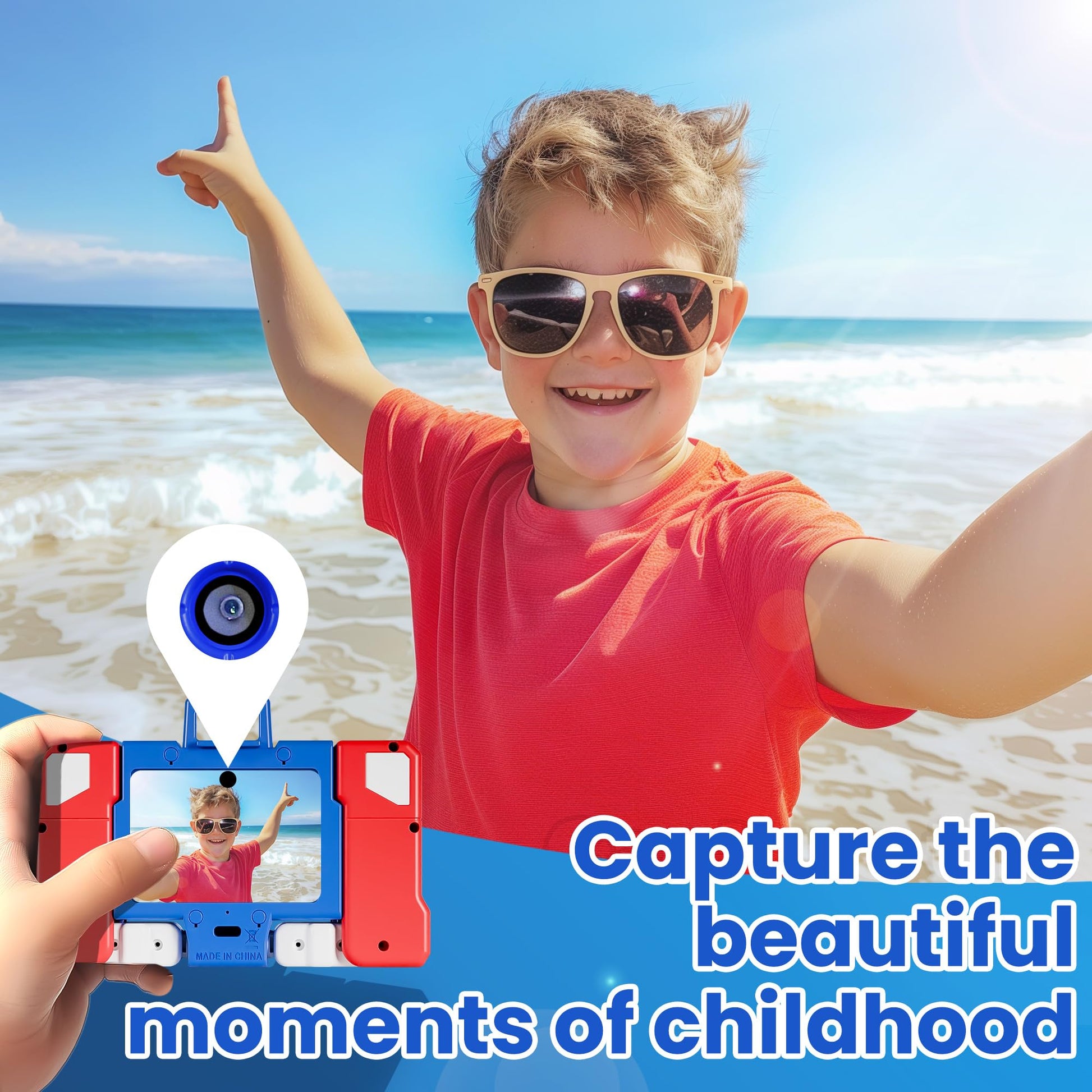 iPlay, iLearn Kid Touchscreen Selfie Camera, 1080P HD Digital Video Camera for Toddler 3-6, Outdoor Protable Travel Robot Camera W/ 32GB SD Card