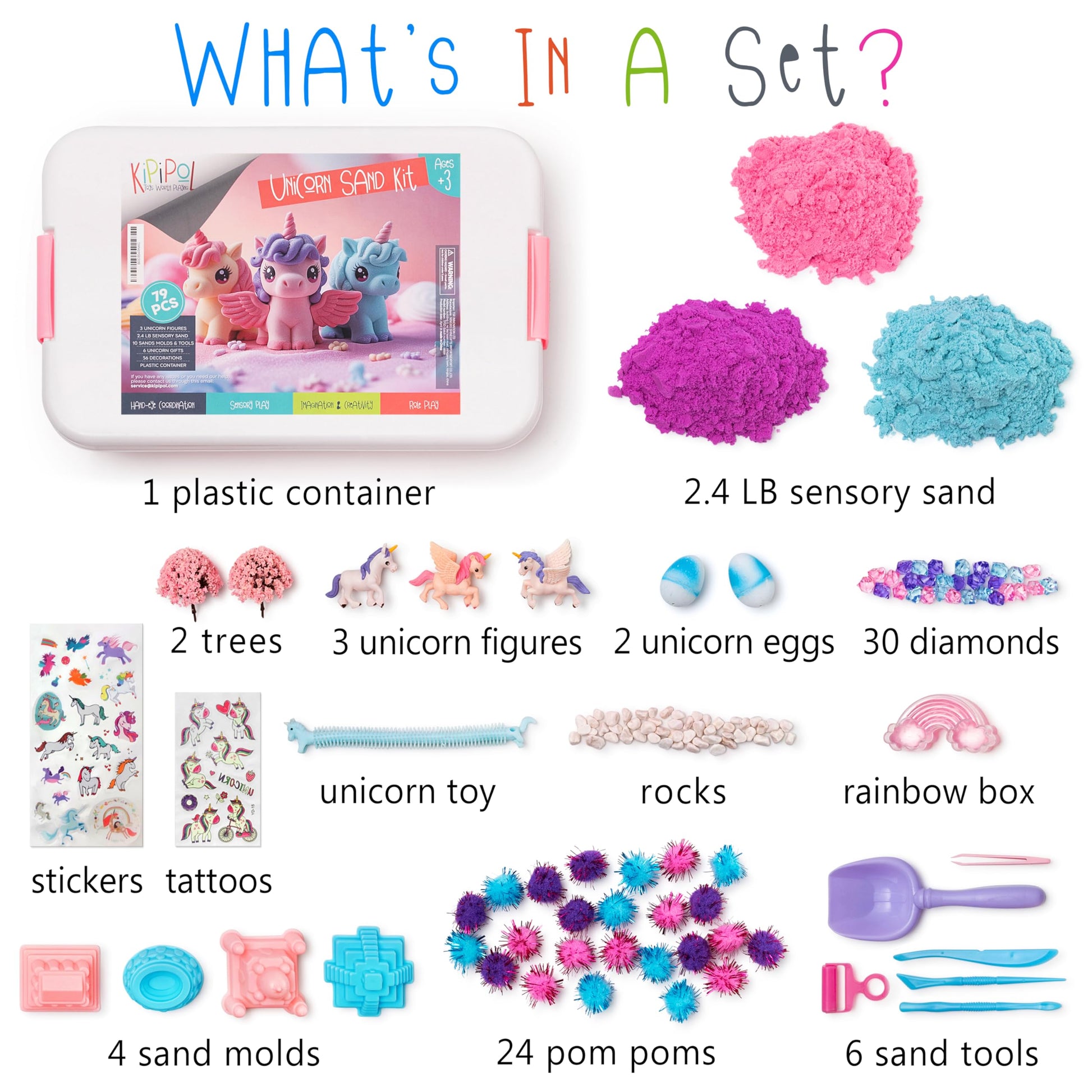 Kipipol Unicorn Sensory Bin for Toddlers 3-4, 5-7 Magic Sand Art Kit w Sandbox, 2.4 LB of Sensory Sand, 10 Sand Toys, 4 Unicorn Toys for Girls Age