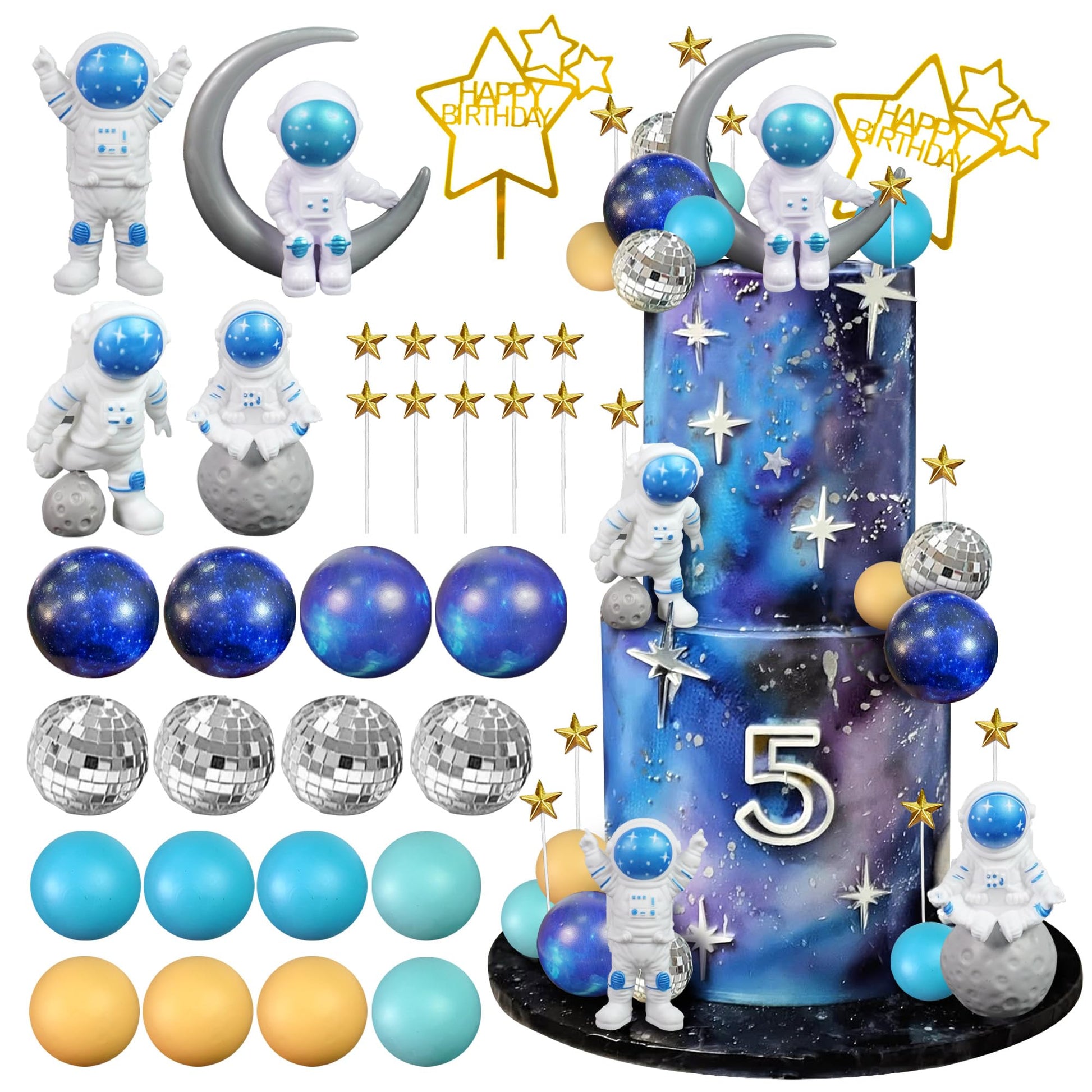 Space Cake Toppers Outer Space Cake Decorations with Balls Stars Astronauts Figurines Planets for Outer Space Theme Birthday