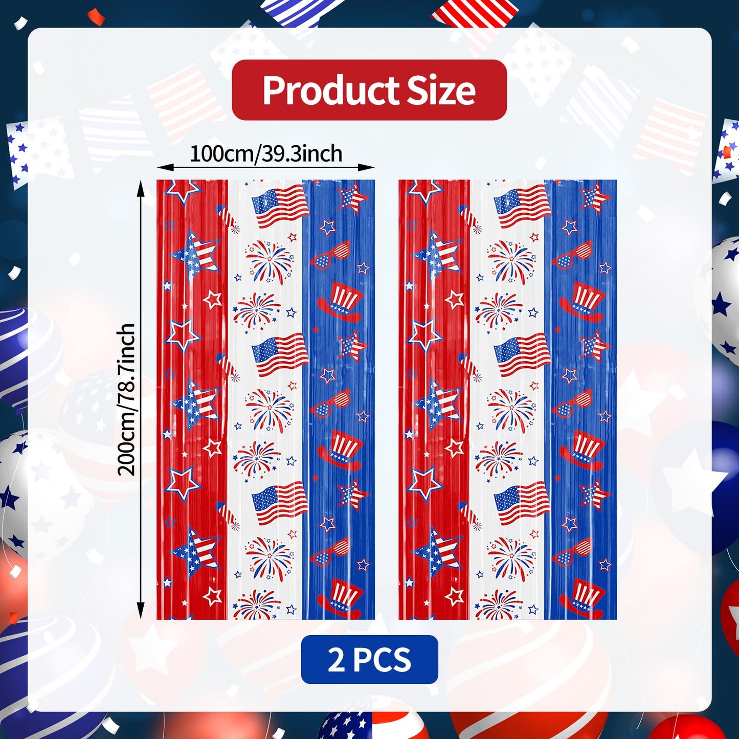 2 Pack 4th of July Foil Fringe Curtains, Red White Blue Patriotic Backdrop Streamers 3.3 x 6.6 ft, American Flag Hanging Decorations for Independence