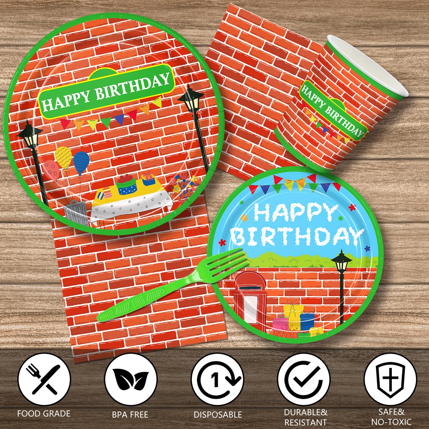 168pcs Red Brick Wall Street Birthday Party Supplies Plates Napkins