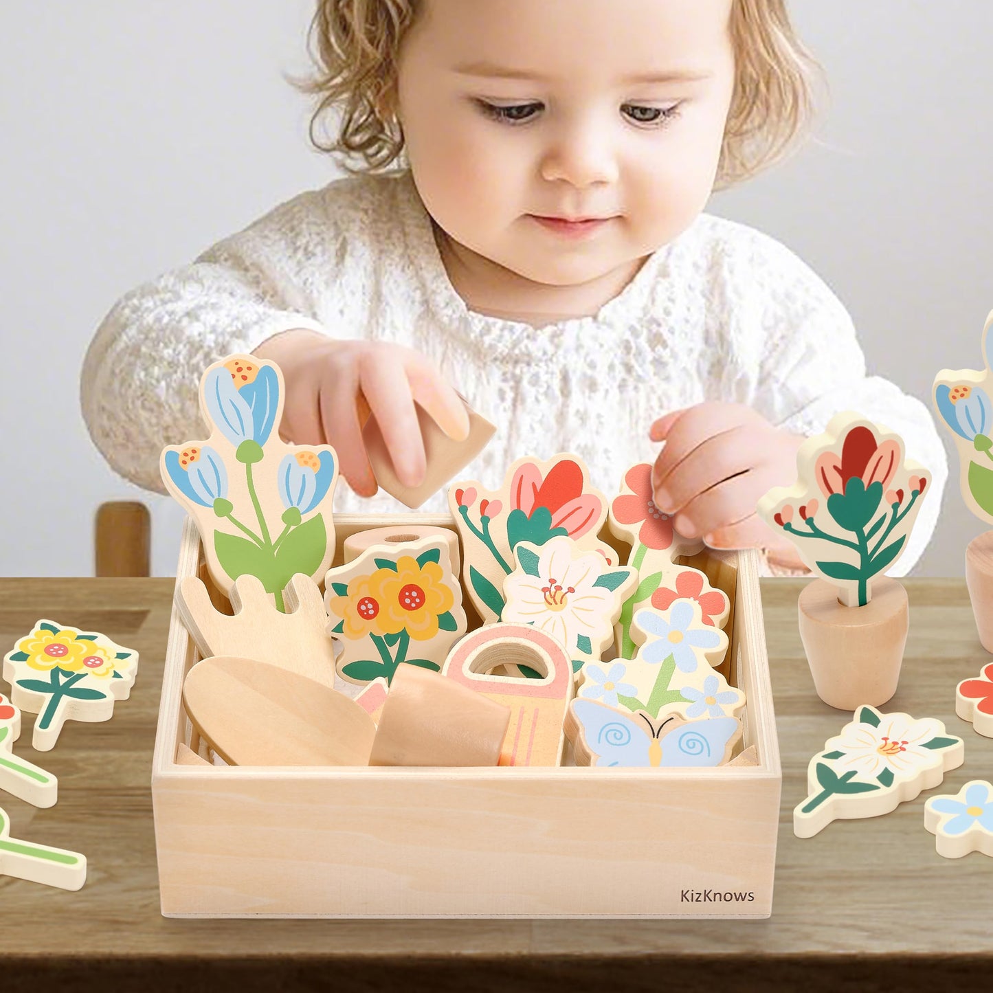 KizKnows Wooden Flower Garden Toy & Toddler Gardening Set for Kids Ages 3-5