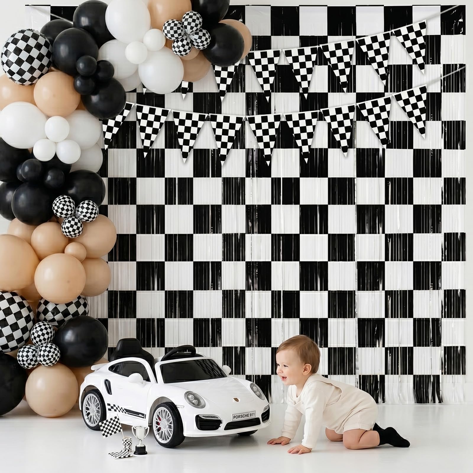 4 Pack Black White Checkered Party Decoration Set, 2 Pack 3.3ft x 6.6 ft Black White Checkerboard Foil Fringe Tinsel Streamer Curtain Backdrop + 2