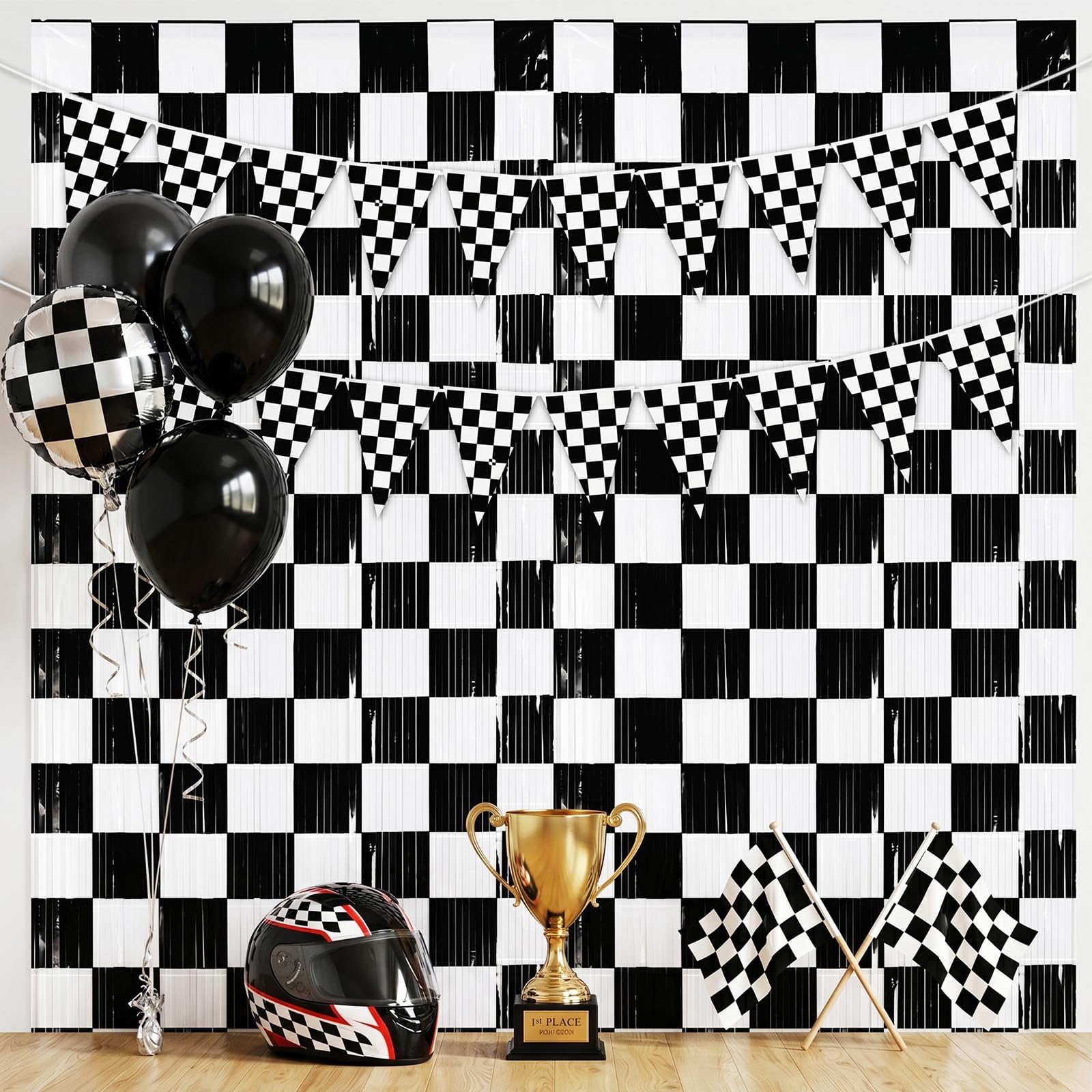 4 Pack Black White Checkered Party Decoration Set, 2 Pack 3.3ft x 6.6 ft Black White Checkerboard Foil Fringe Tinsel Streamer Curtain Backdrop + 2