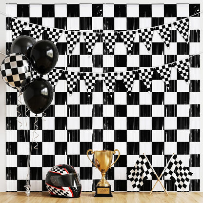 4 Pack Black White Checkered Party Decoration Set, 2 Pack 3.3ft x 6.6 ft Black White Checkerboard Foil Fringe Tinsel Streamer Curtain Backdrop + 2