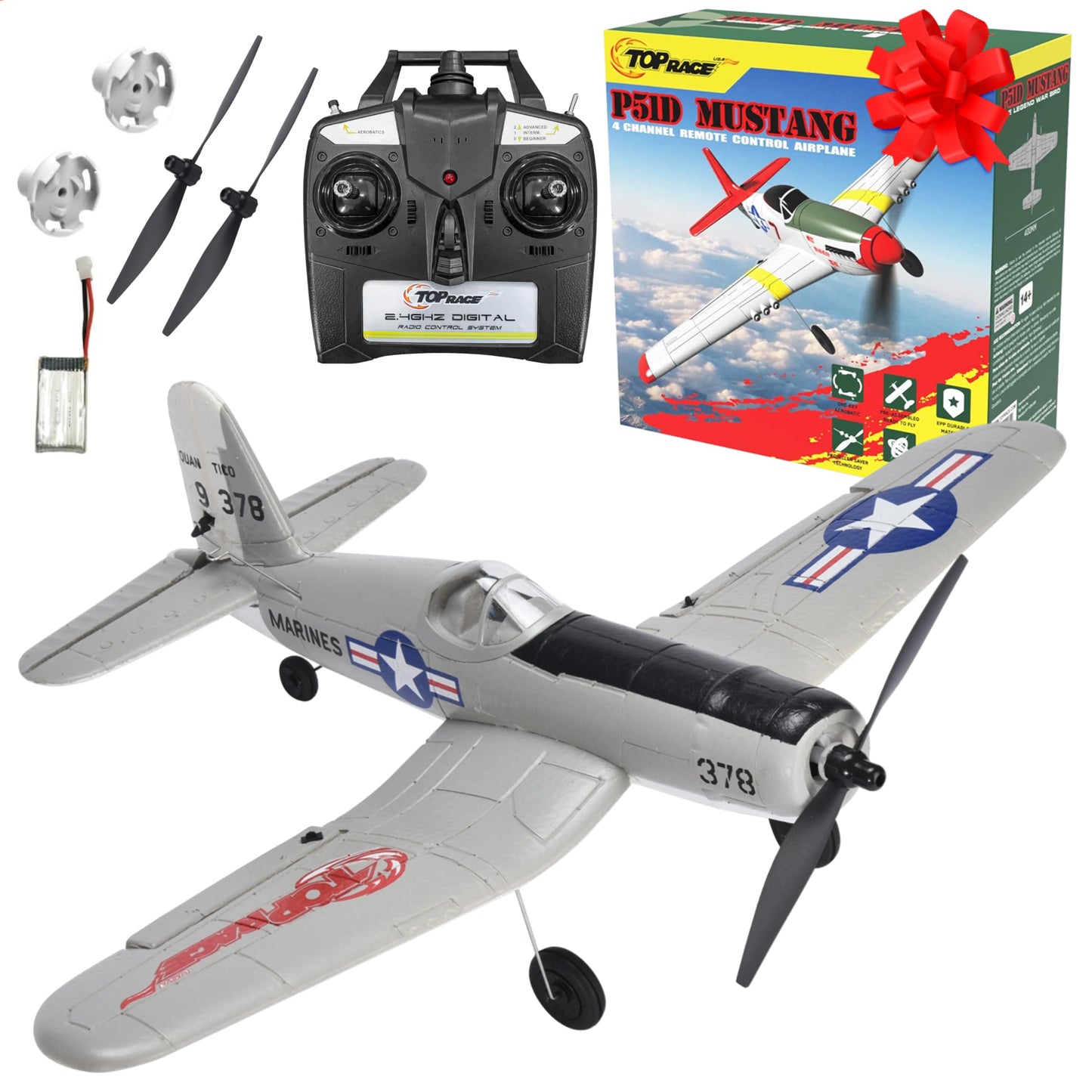 Top Race Remote Control Airplane - Ready to Fly 4 Channel RC Plane for Adults - Advanced Foam Construction - Remote Controlled War Cessna P51 Mustang
