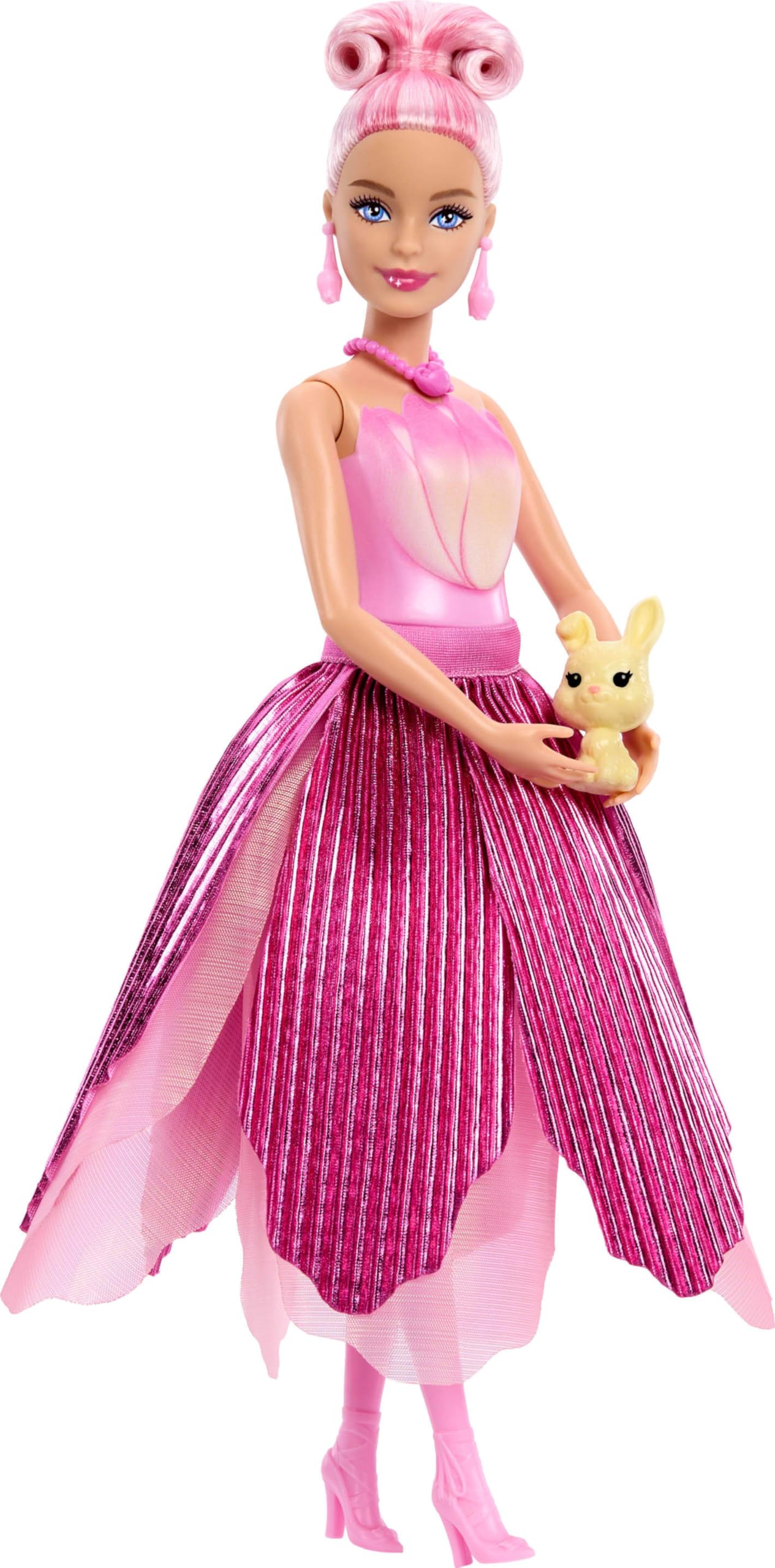 Barbie Petal Pop Scented Doll with Pink Tulip Dress & Accessories, Bouquet Reveal with Pet Bunny & Surprises Like Watering Can, Necklace & Earrings