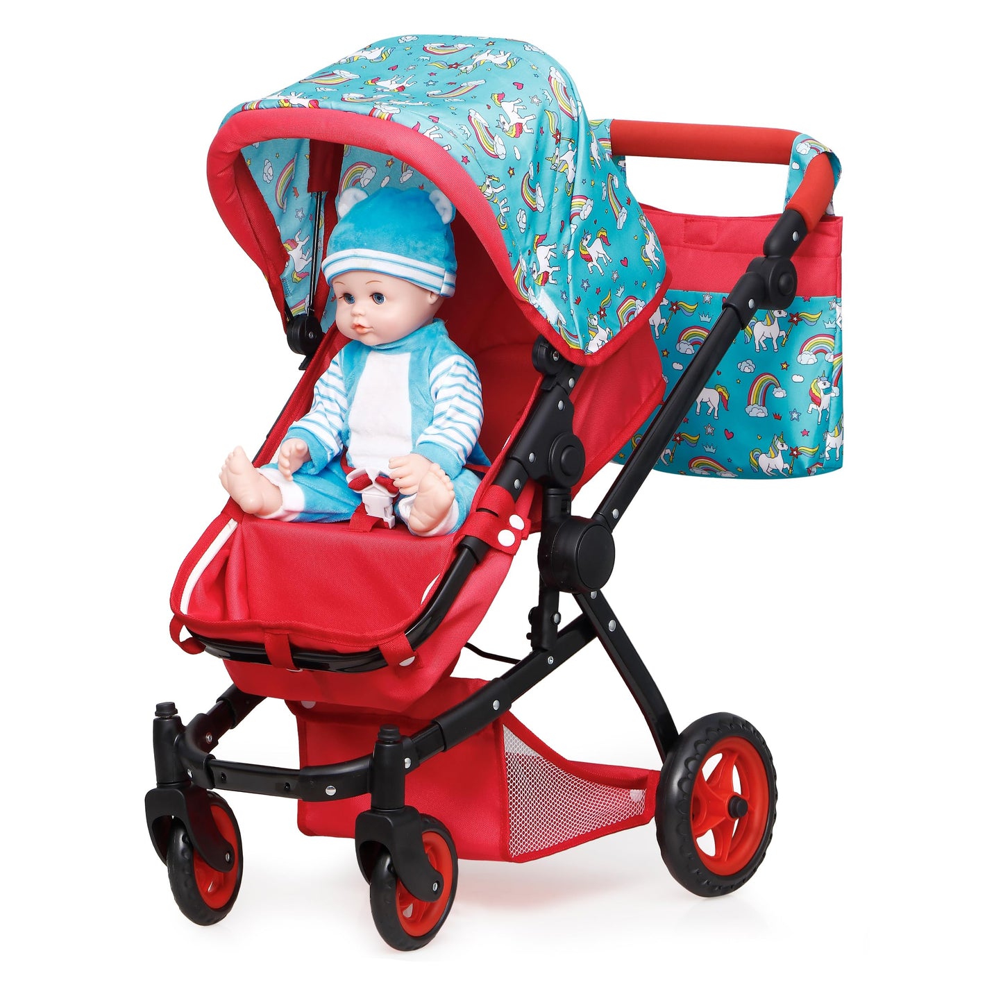 New - Fash n kolor® Baby Doll Stroller, Foldable Pram for Baby Doll - Cute Unicorn Design Doll Toy Stroller with Swiveling Wheel, Adjustable Handle