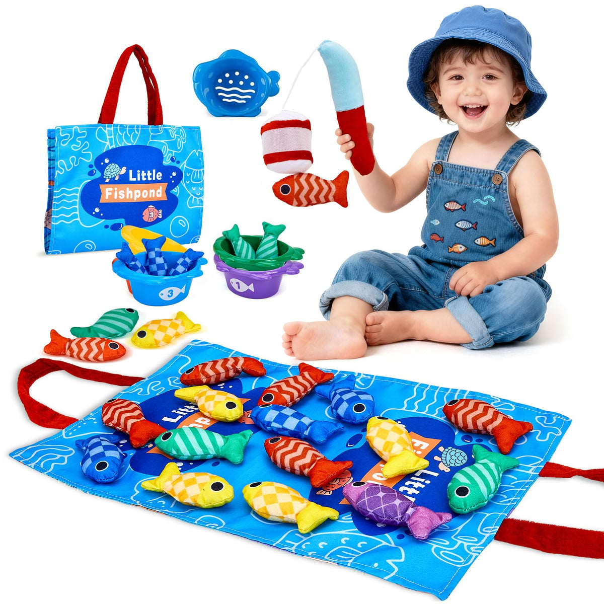 Gacoman Montessori Toys for 1 Year Old - Cloth Fishing Game for Toddler1-3 with Stacking Cups, Number Color Stacking & Counting, Educational Baby Toys